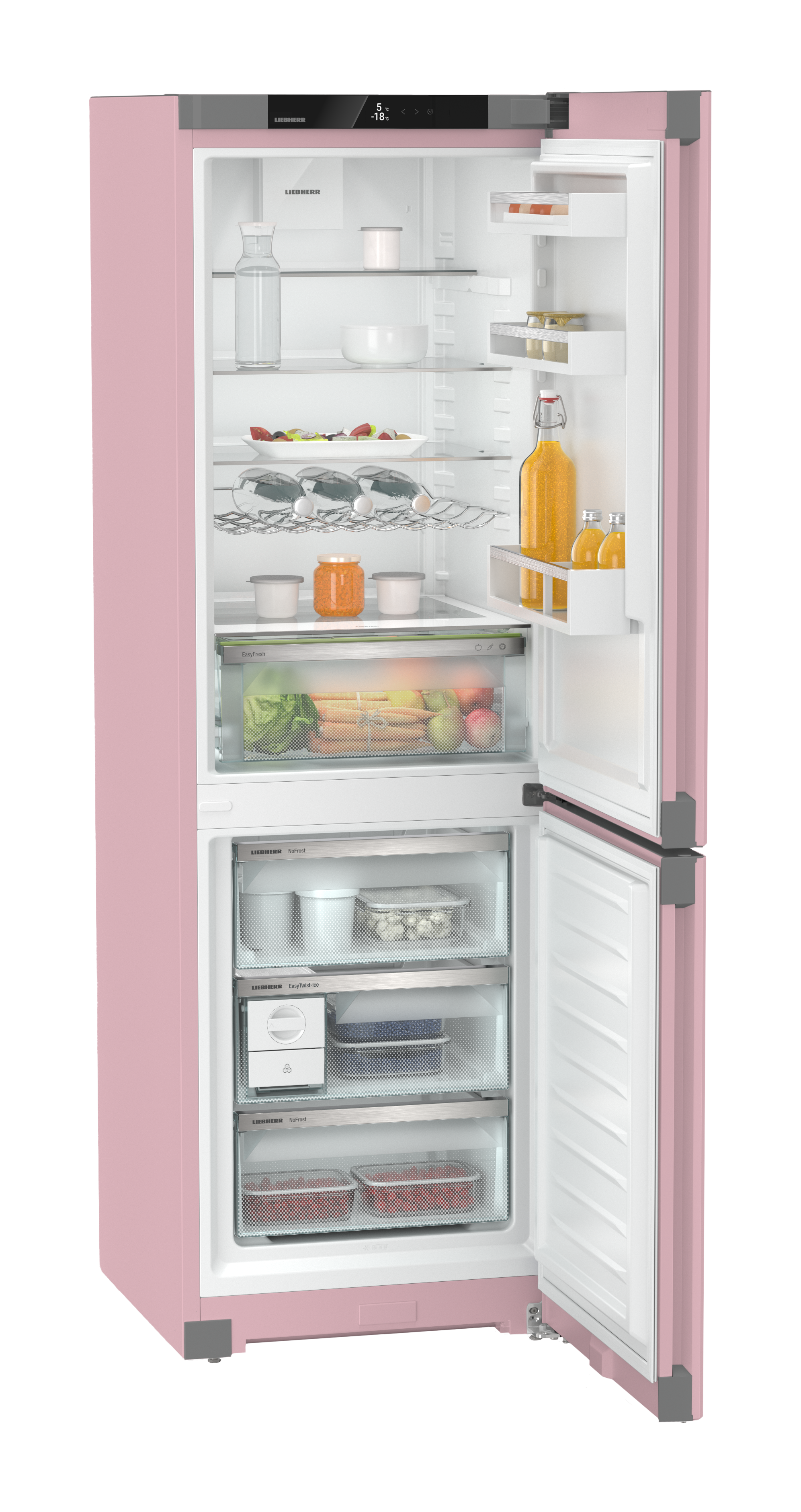 Ein pinker Kühlschrank mit offener Tür, gefüllt mit Lebensmitteln und Flaschen.