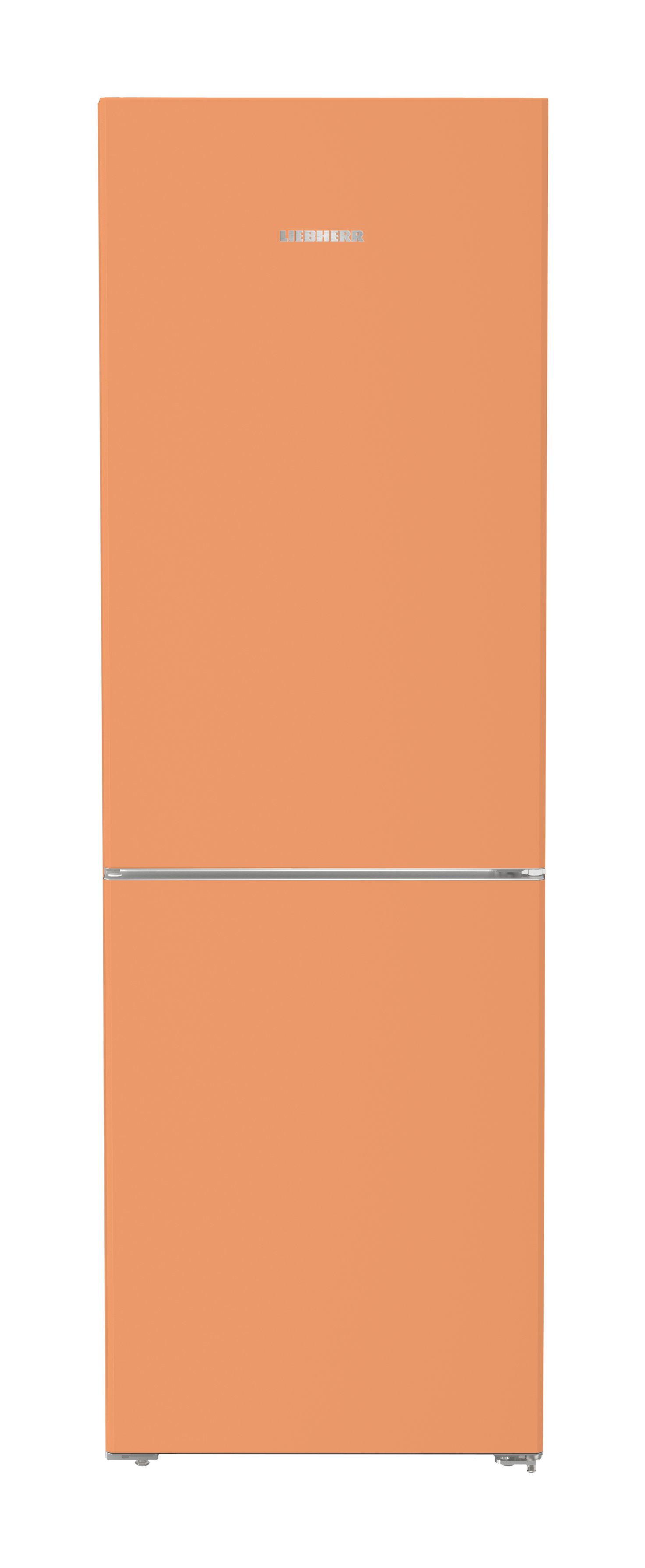Ein orangefarbener Kühlschrank mit silbernem Griff und Logo.