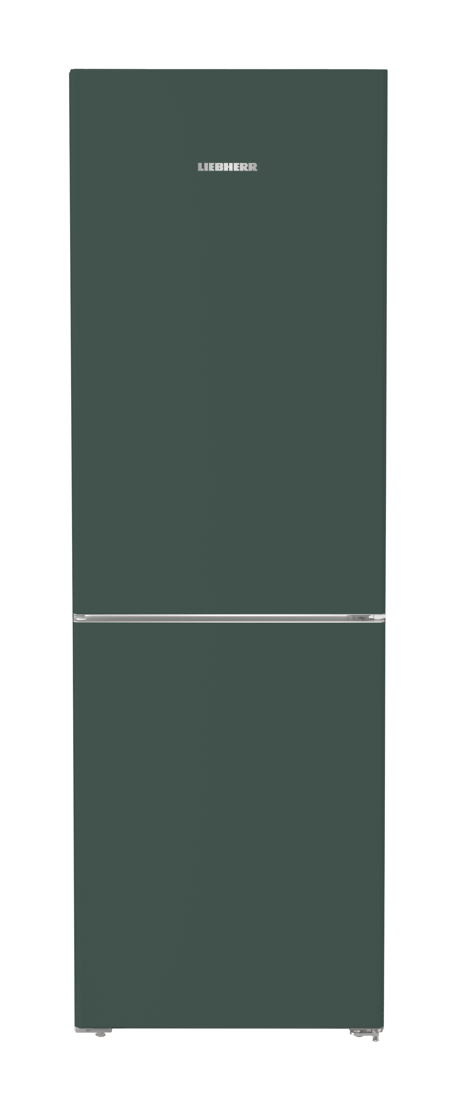 Ein dunkelgrüner Kühlschrank mit silbernem Griff und Logo.