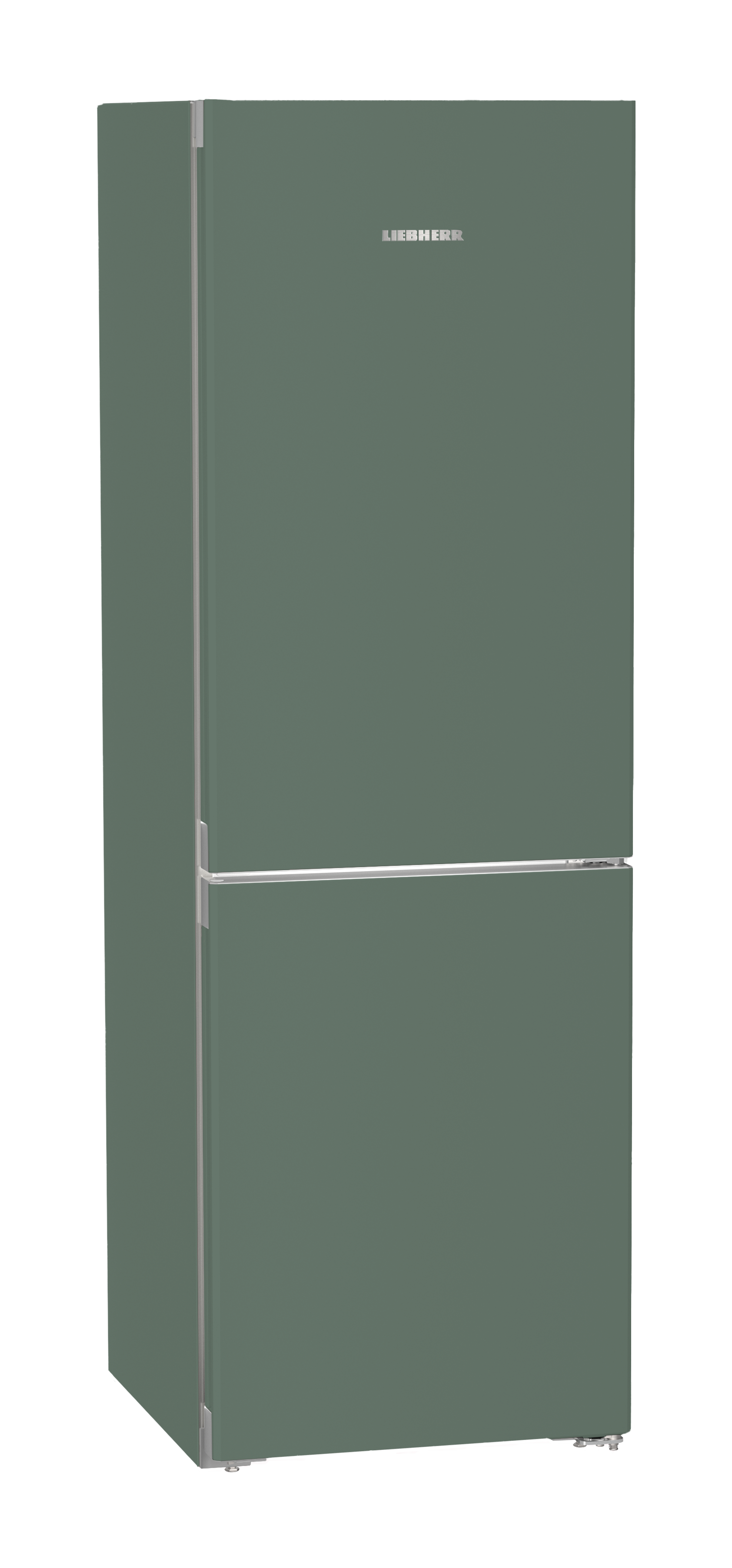 Ein zweitüriger Kühlschrank in Salbeigrün mit silbernen Griffen.