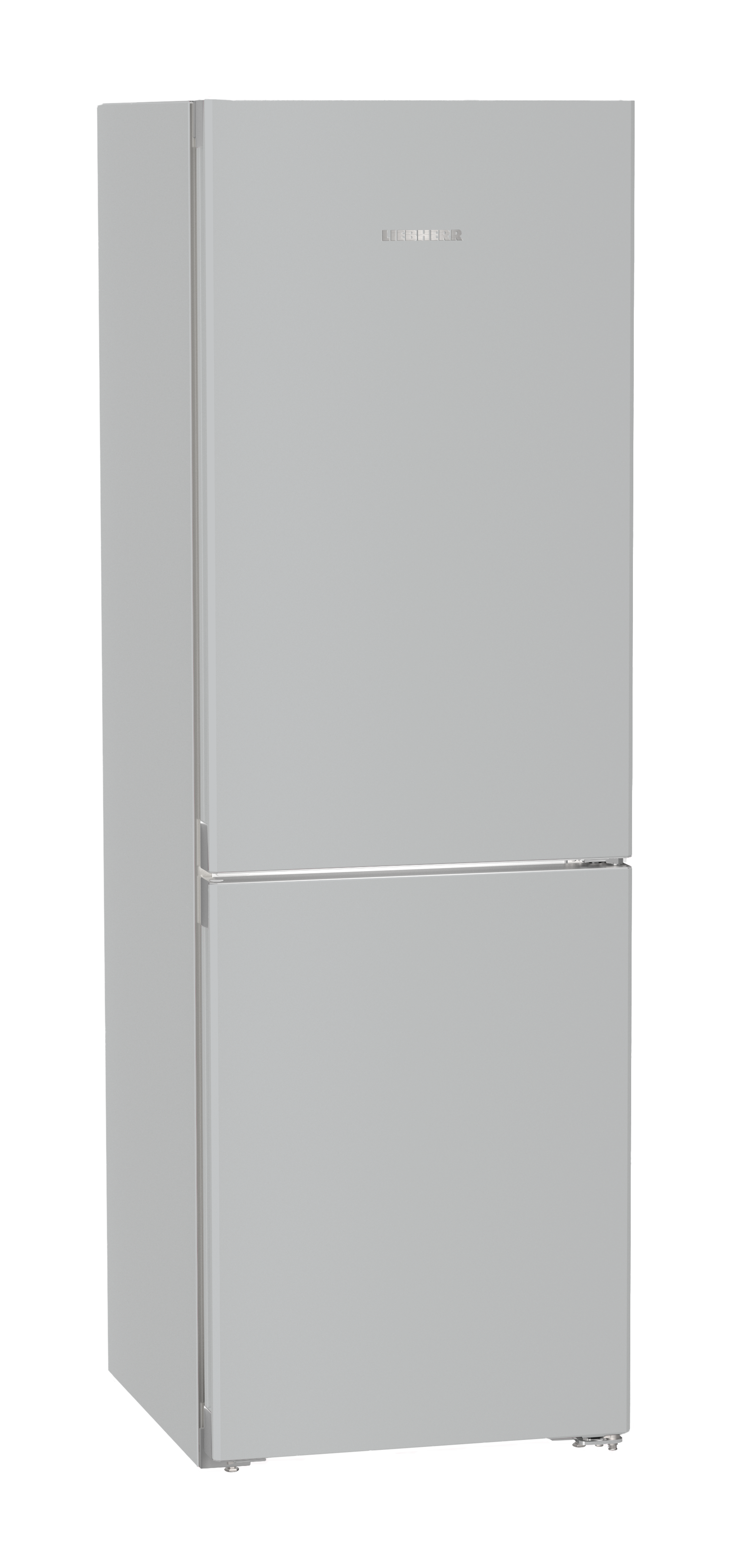 Ein schlankes, graues Kühlschrank-Gefrierkombination-Gerät mit silbernem Griff.
