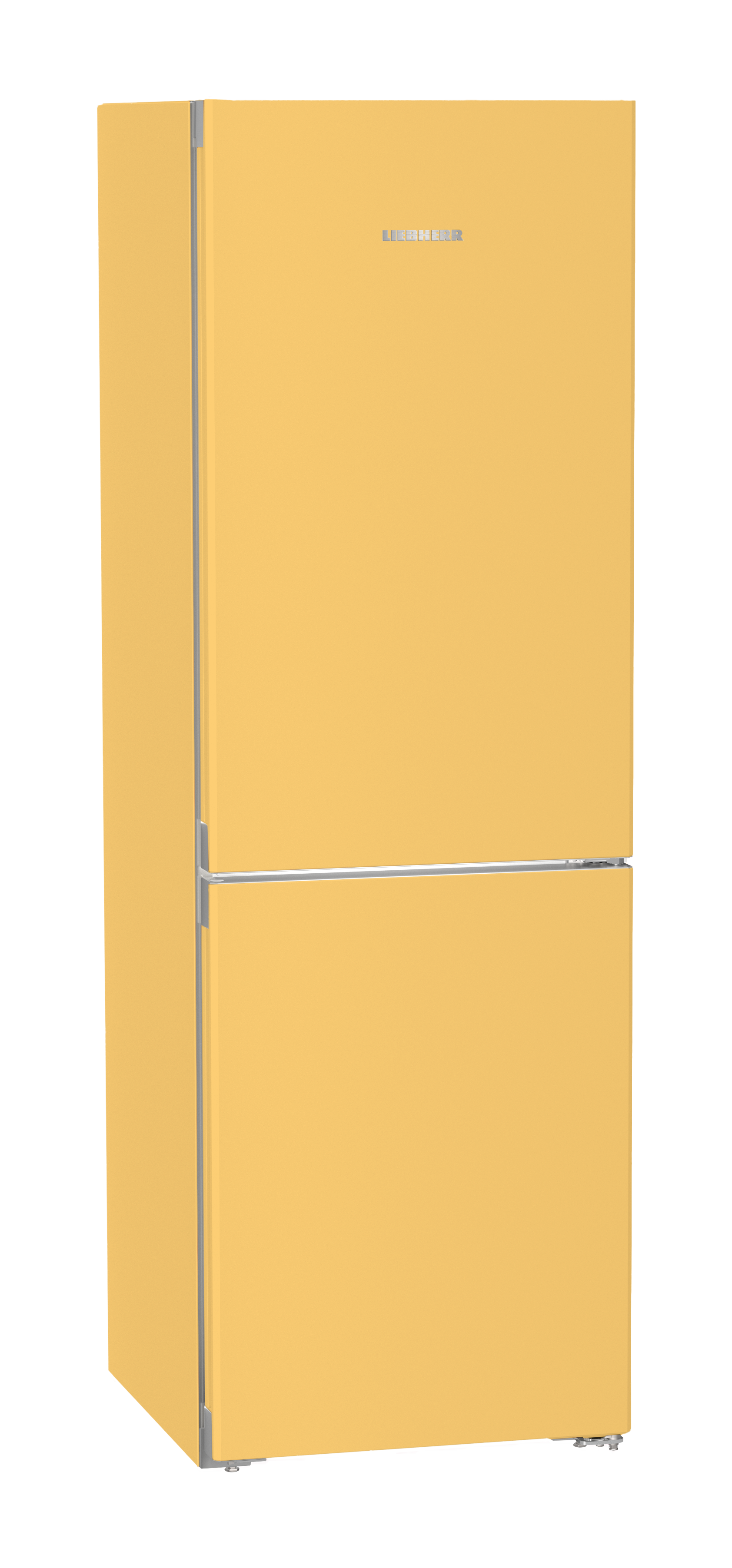 Ein gelber Kühlschrank mit silbernem Griff und Logo.
