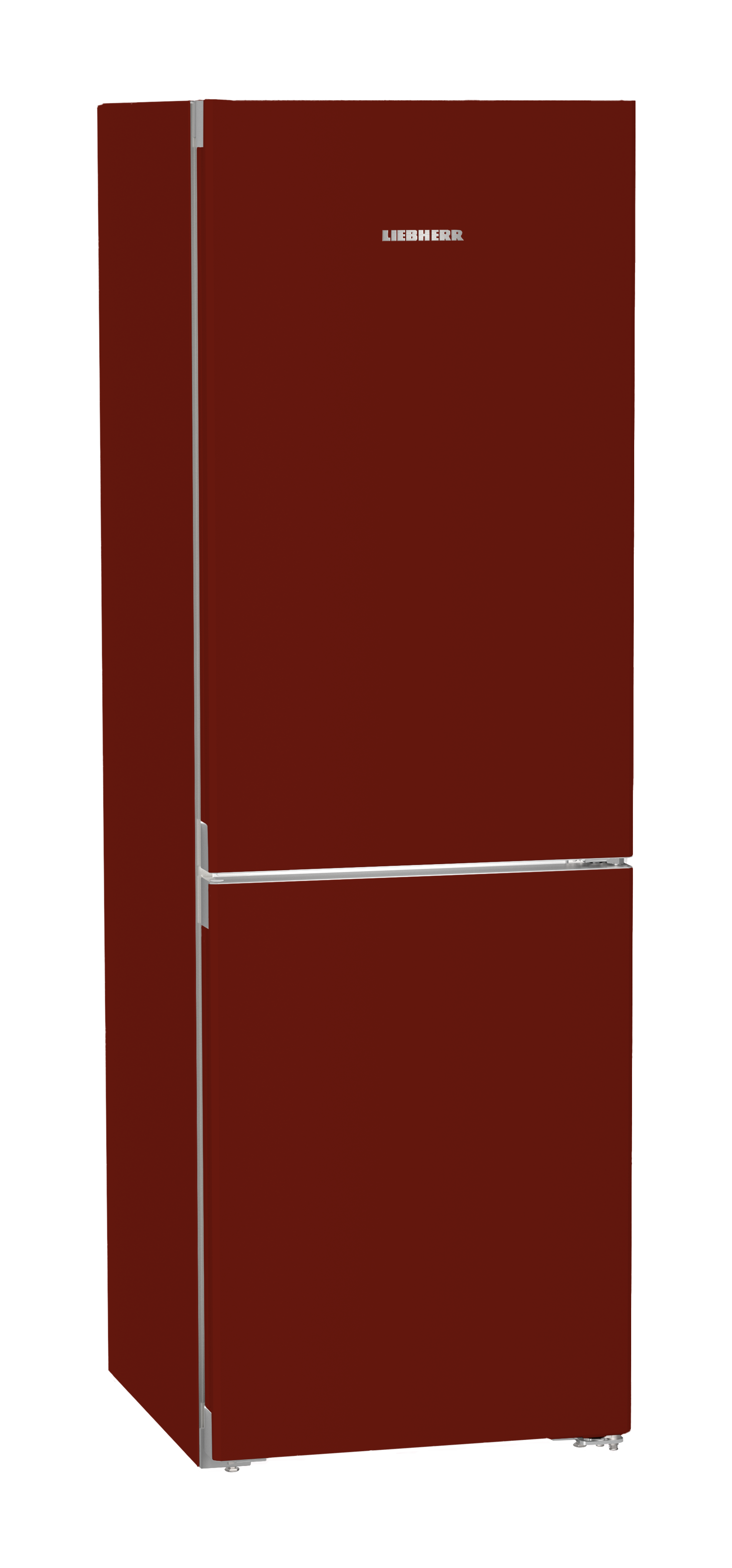 Ein dunkelroter Kühlschrank mit silbernen Griffen und dem LIEBHERR-Logo.