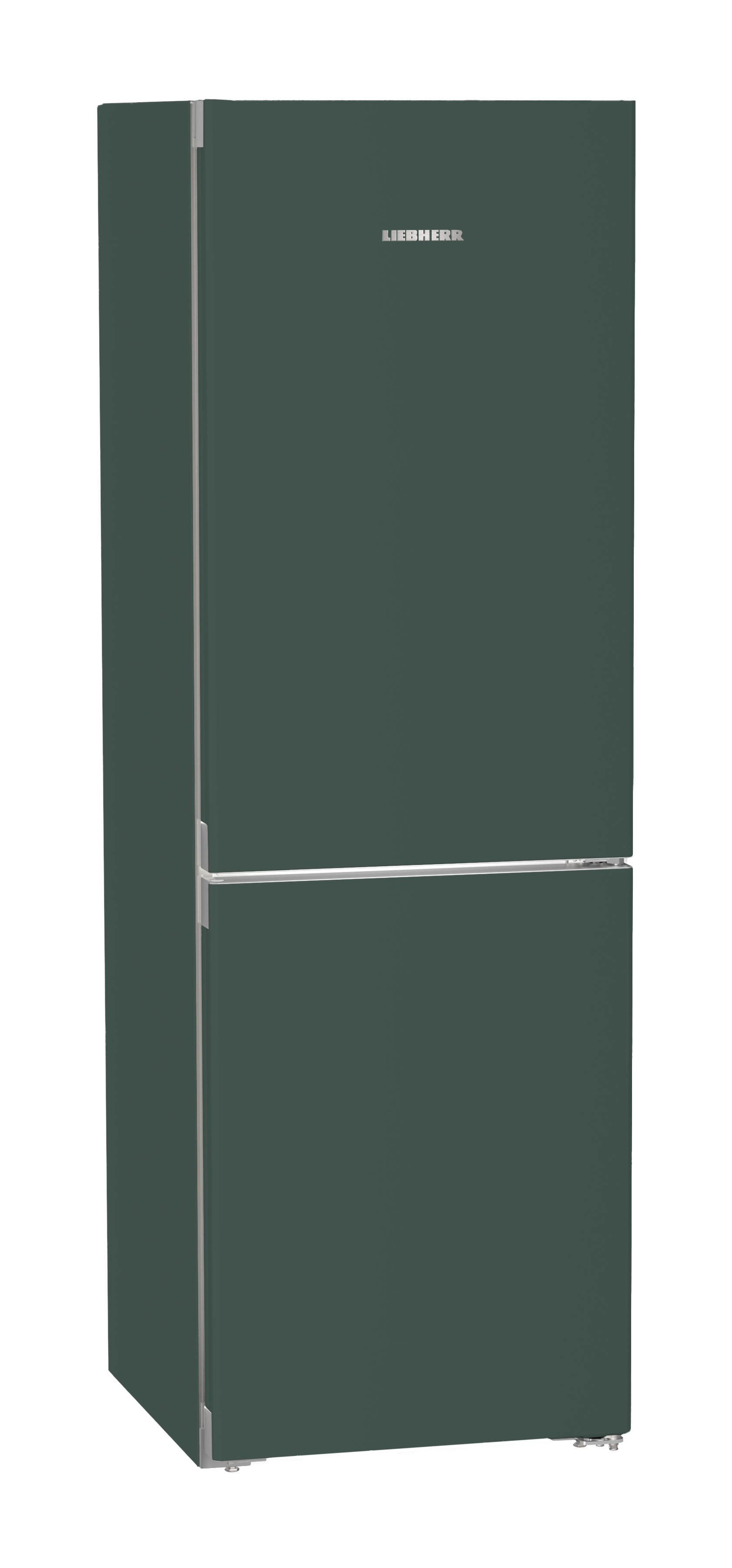 Ein dunkelgrüner Kühlschrank mit silbernen Griffen und dem Liebherr-Logo.