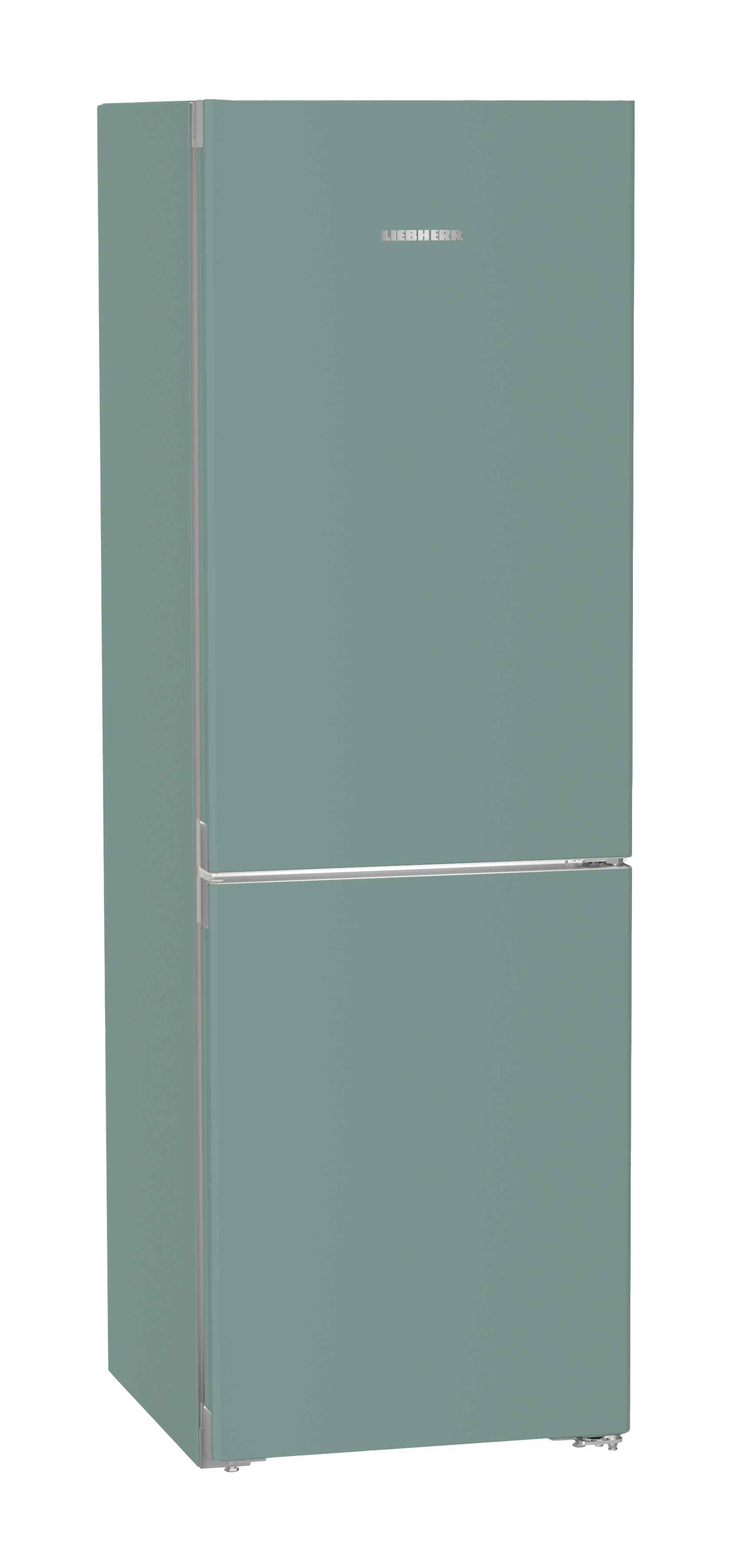 Ein hellgrüner Kühlschrank mit silbernem Griff und LIEBHERR-Logo.