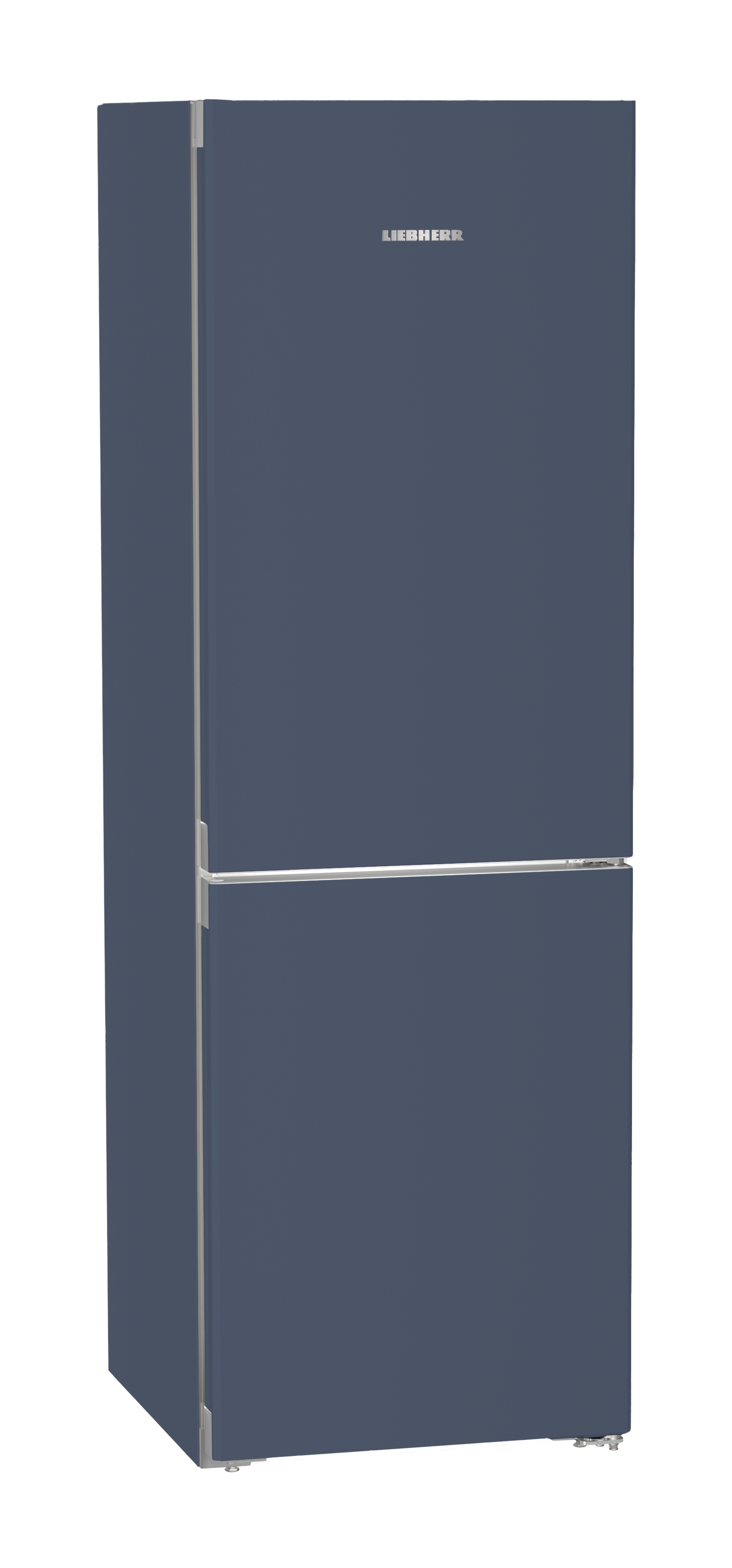 Ein blauer Liebherr Kühlschrank mit silbernen Griffen auf schwarzem Hintergrund.