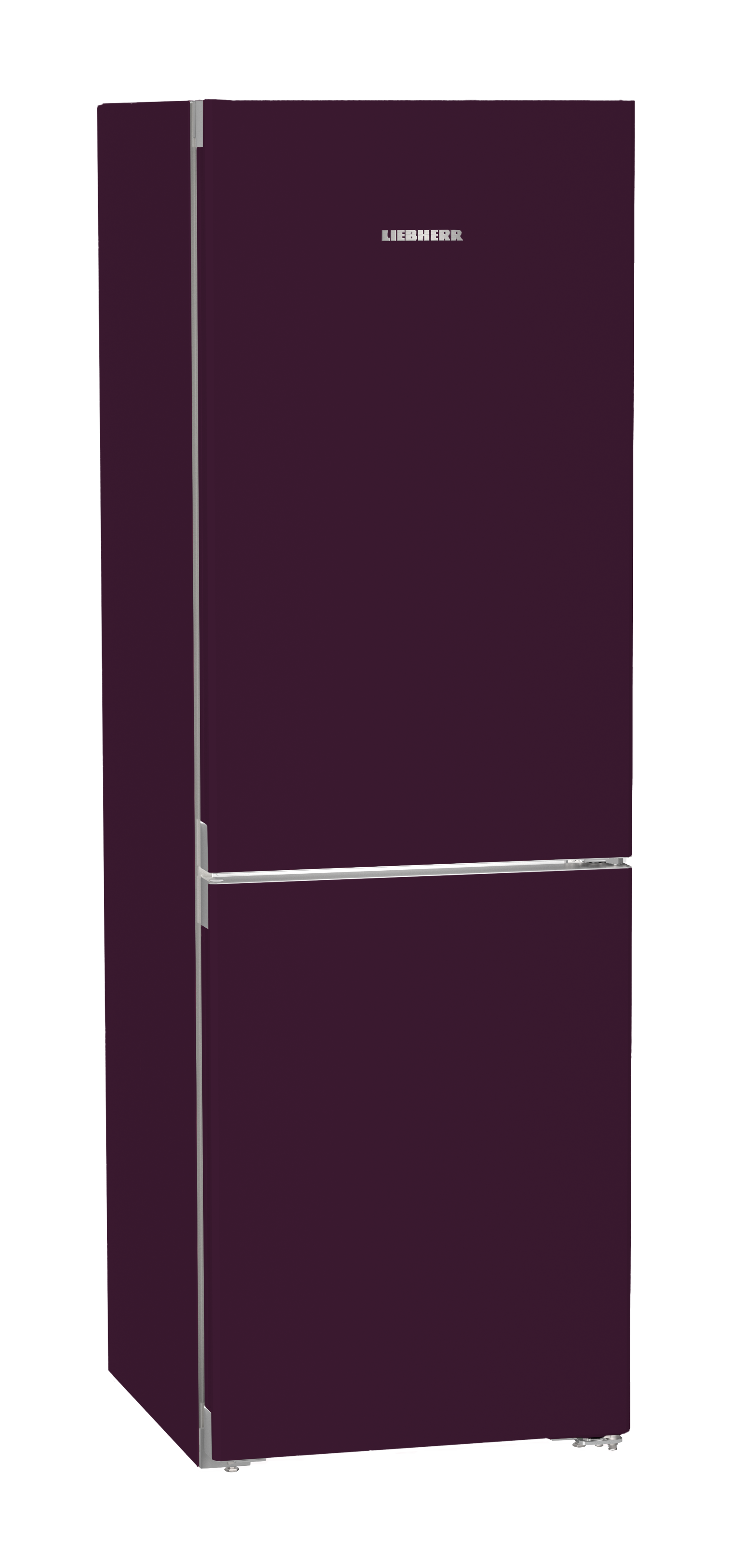 Ein dunkelvioletter Kühlschrank mit silbernen Griffen und dem Liebherr-Logo.