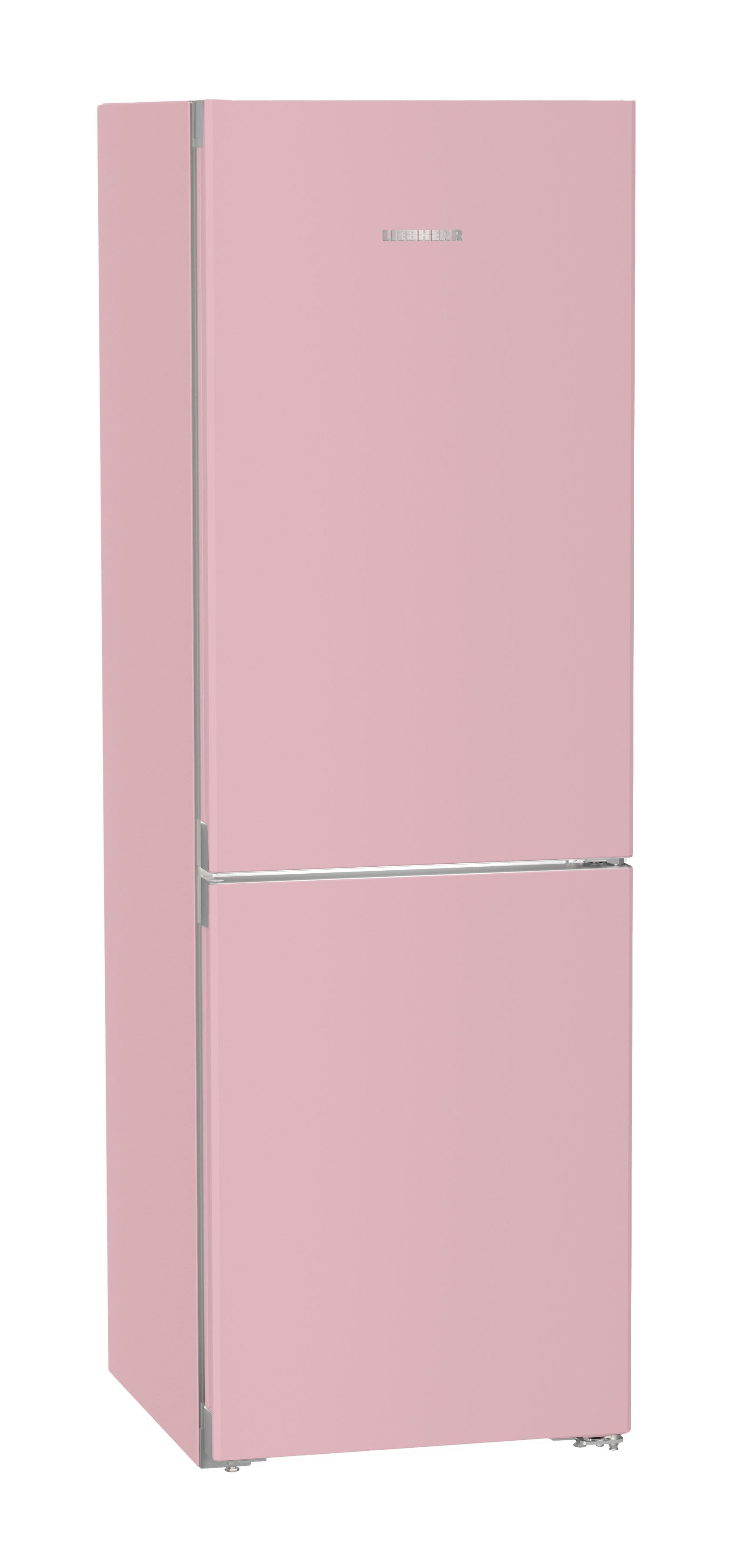 Ein pastellrosa Kühlschrank mit silbernen Griffen und einem silbernen Logo.