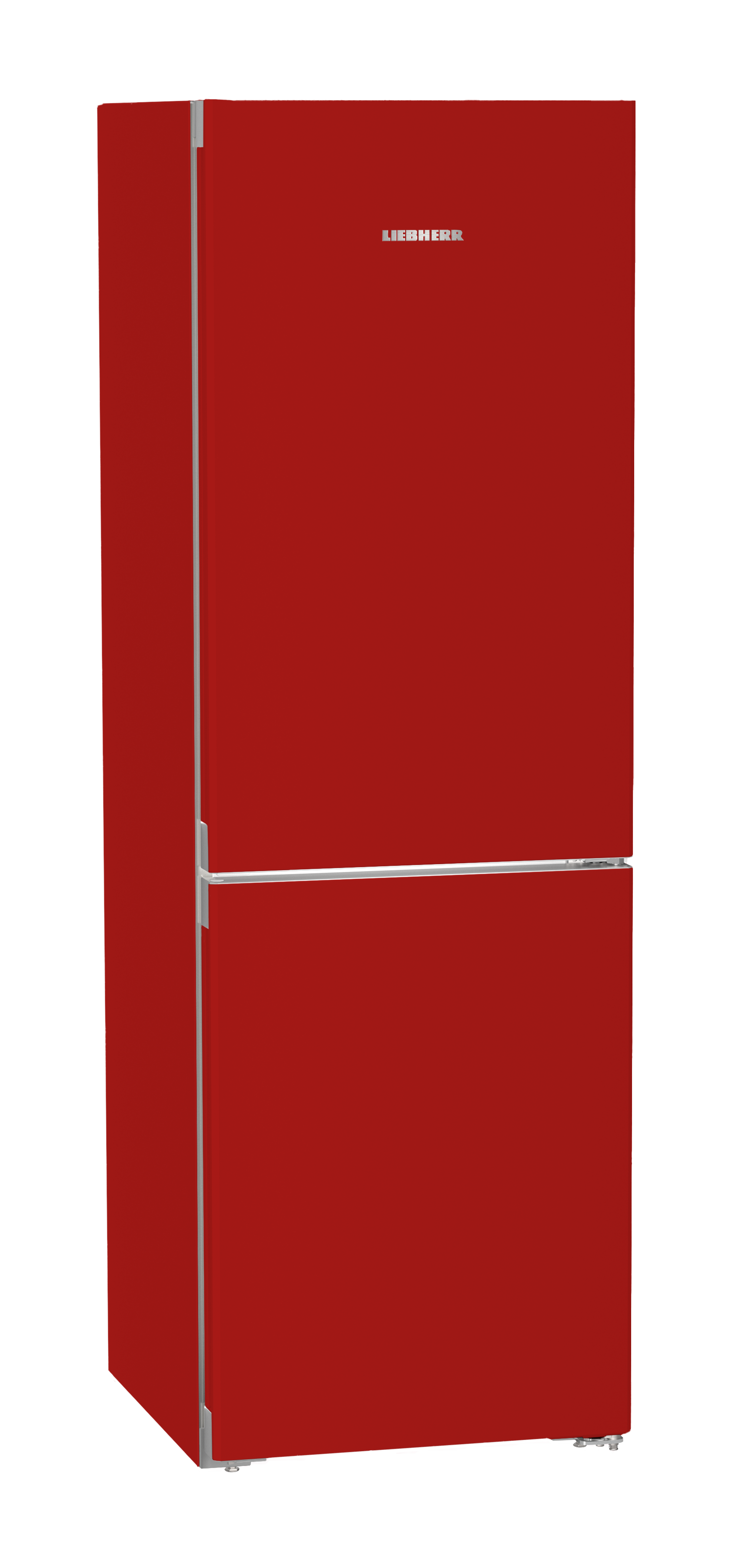Ein roter Kühlschrank mit silbernem Griff und Logo.