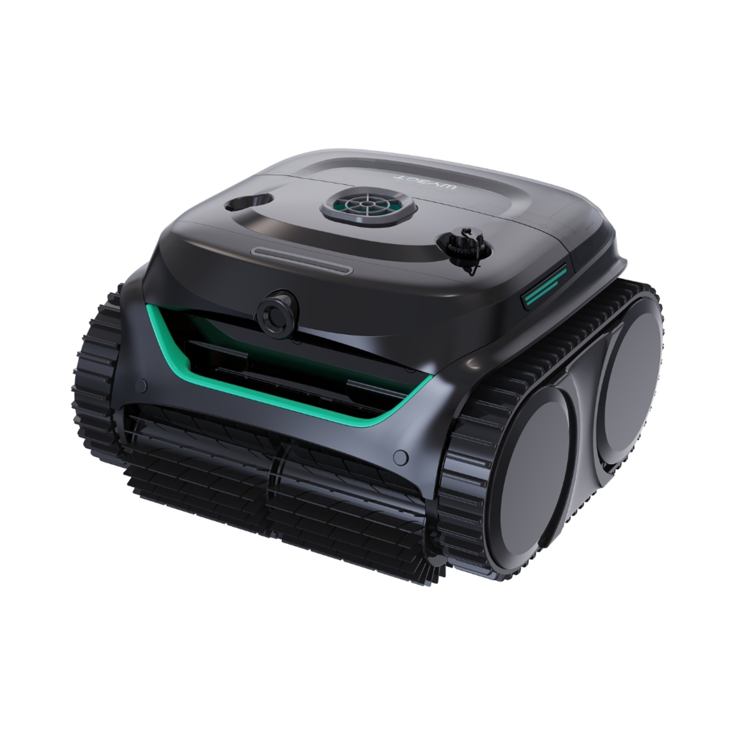 Tosaerba robot nero con accenti verdi e trazione cingolata.