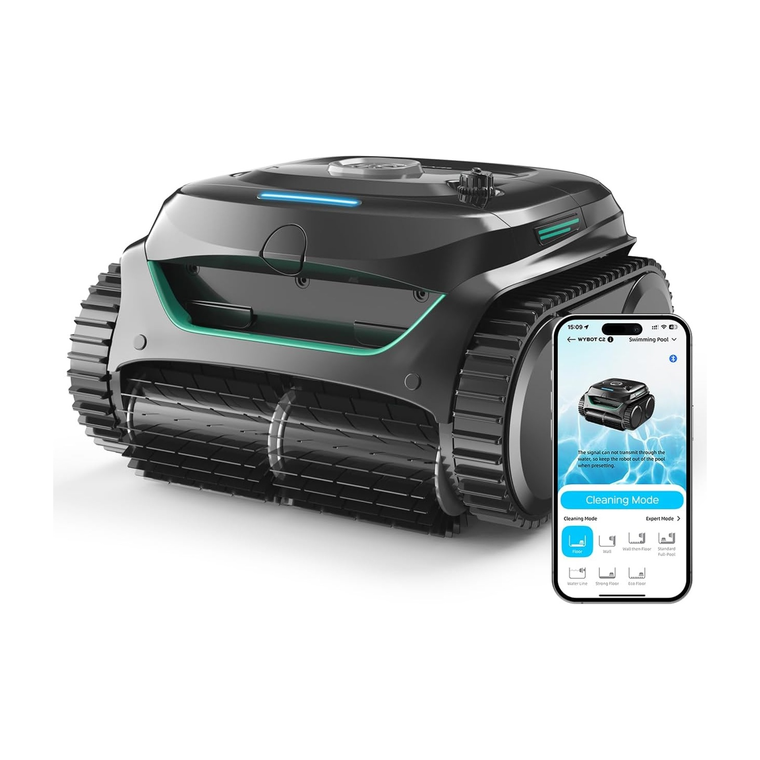 Un pulitore per piscine nero con cingoli e uno smartphone che mostra le modalità di pulizia.