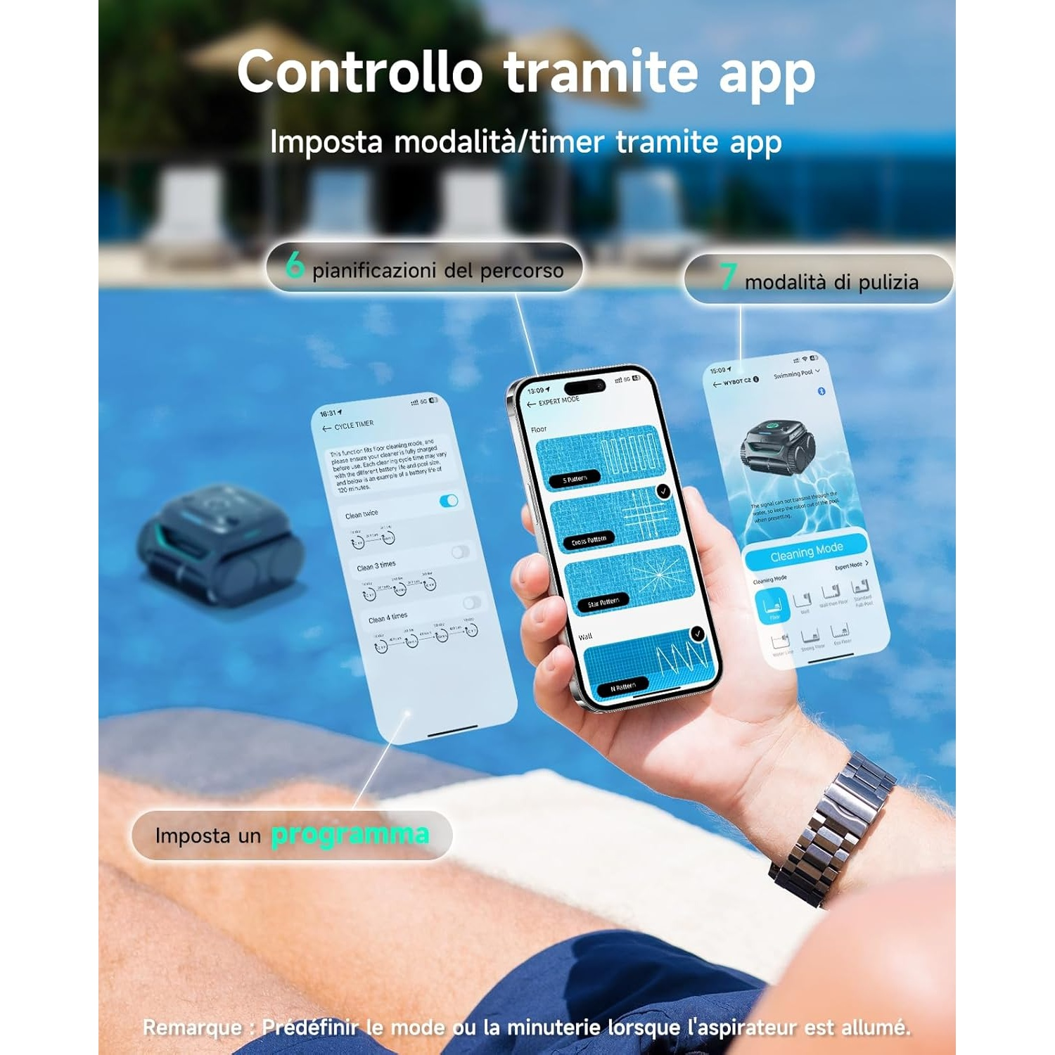 Smartphone mostra app robot piscina con modalità pulizia e opzioni timer.