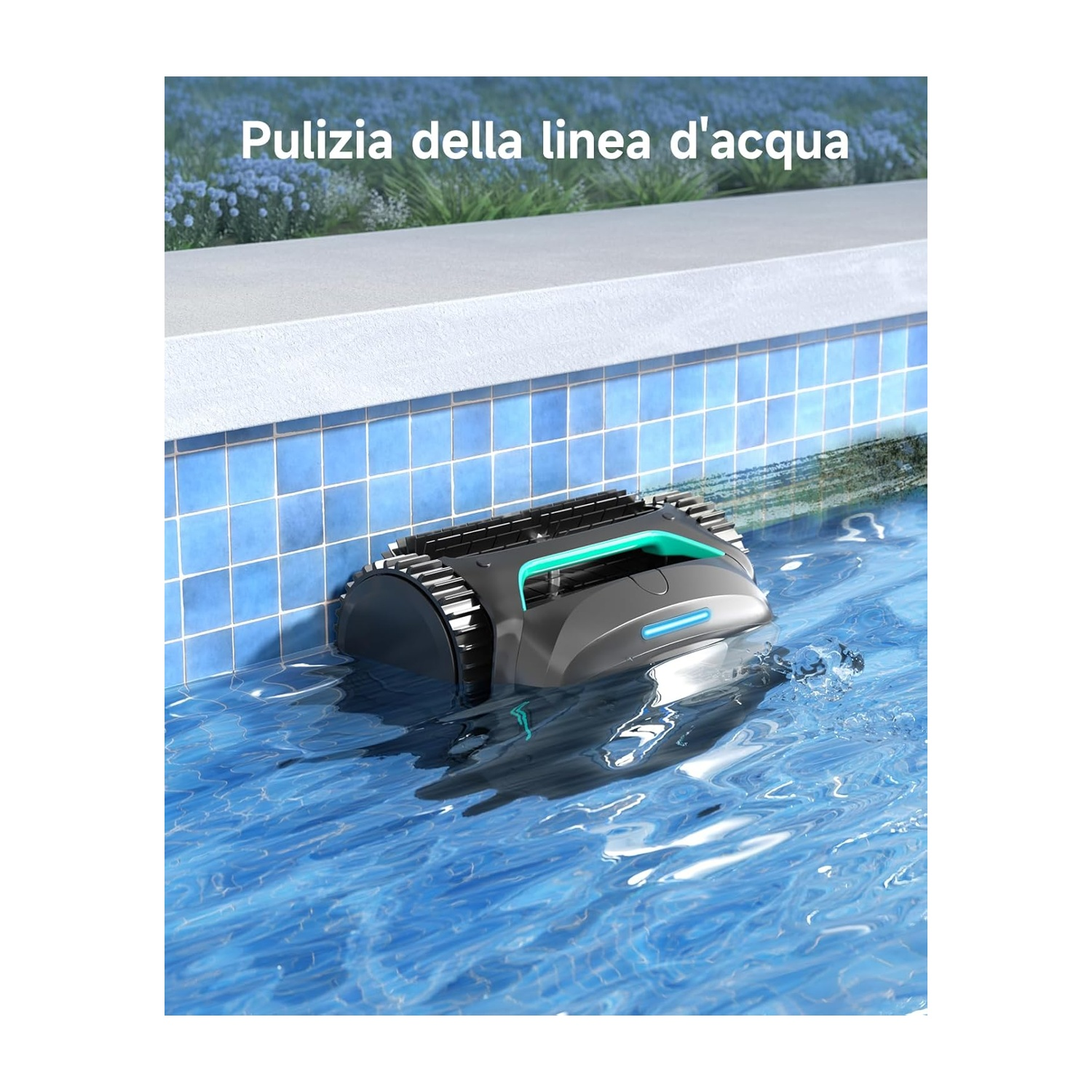 Un robot pulitore pulisce la linea dell'acqua di una piscina con piastrelle blu.