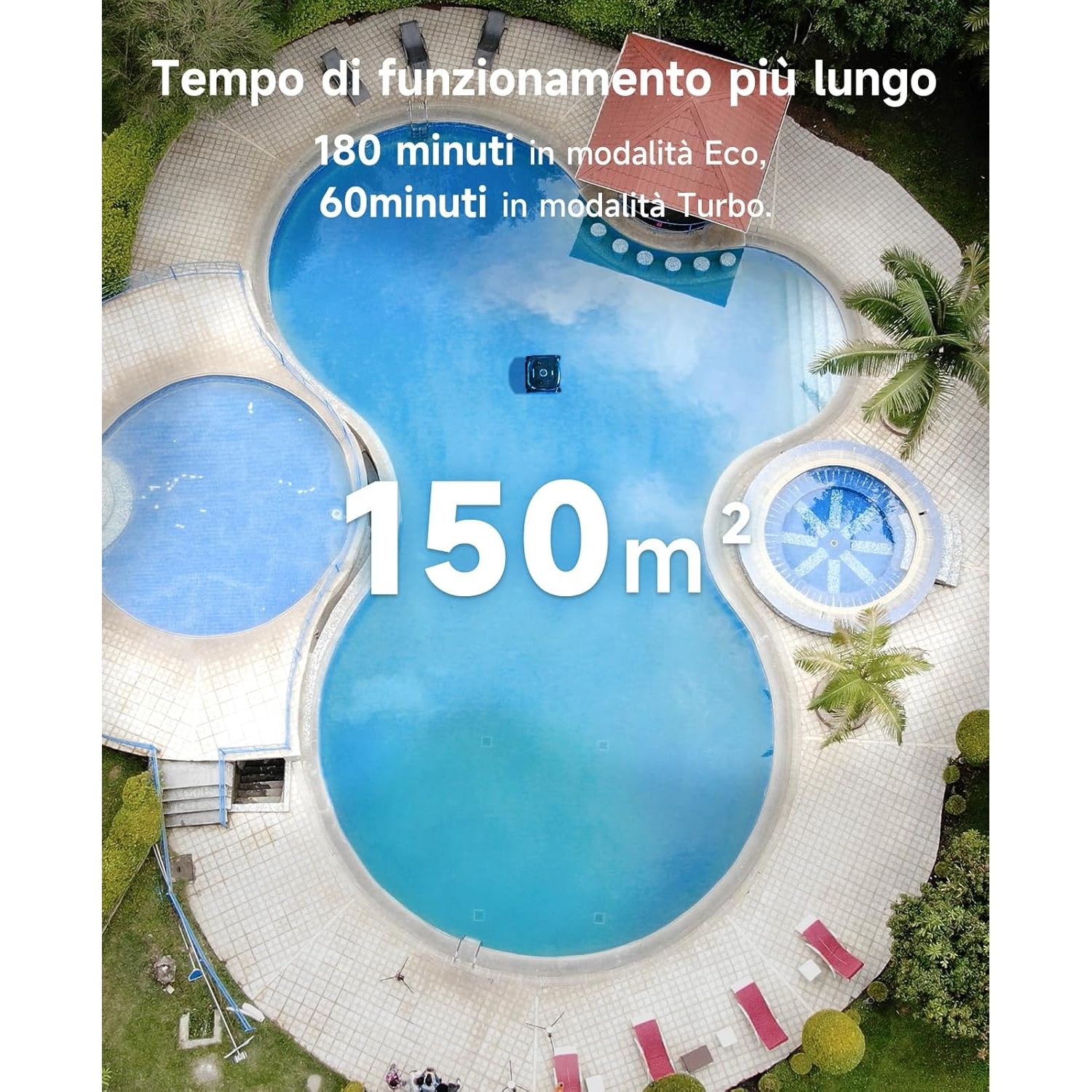 Un robot pulitore pulisce una grande piscina, progettata per 150m².