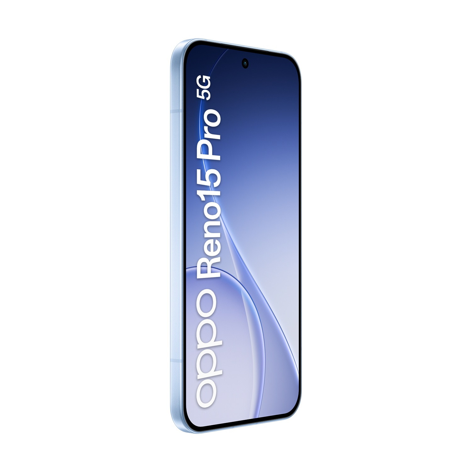 Uno smartphone azzurro con testo 'Oppo Reno15 Pro 5G' sullo schermo.