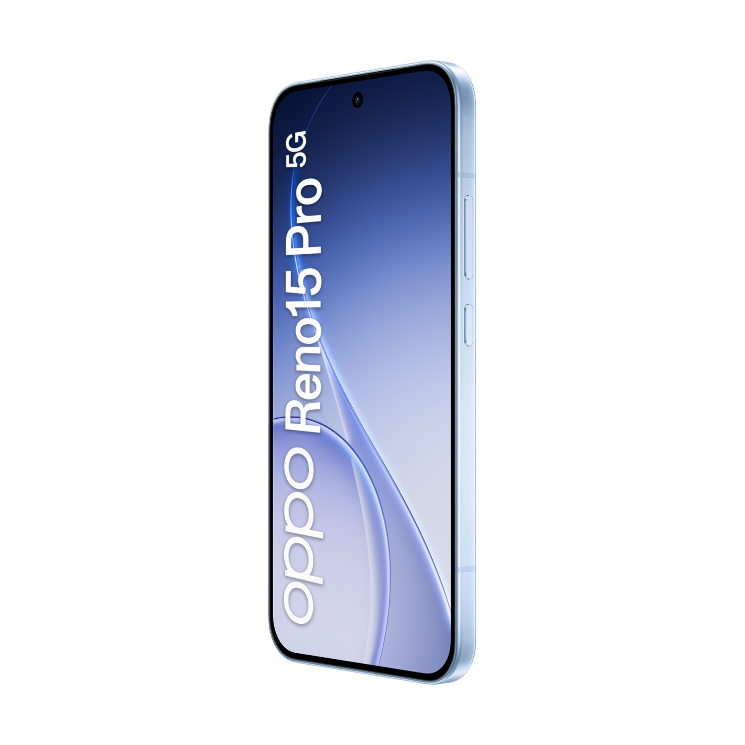 Uno smartphone azzurro con testo "Oppo Reno15 Pro 5G" sullo schermo.