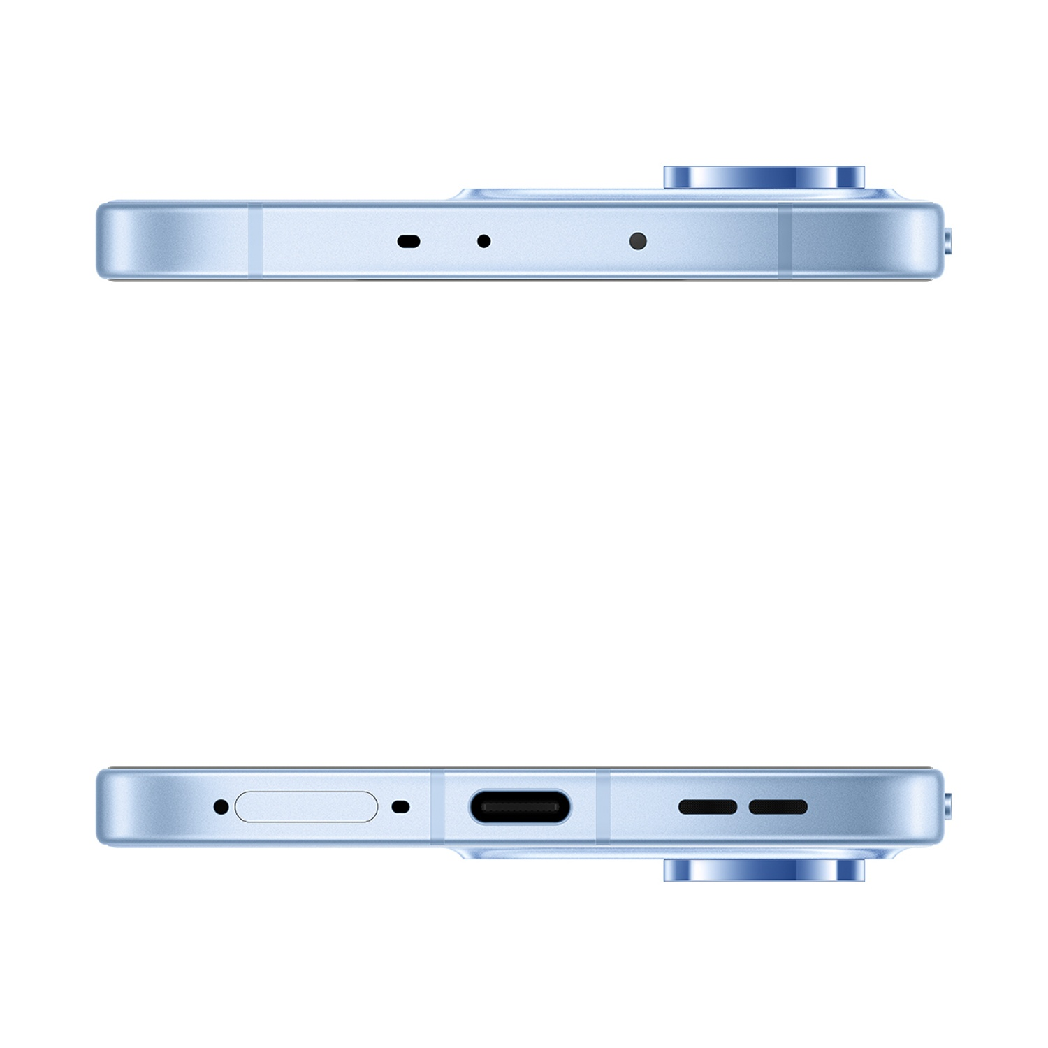 Uno smartphone azzurro che mostra la fotocamera e la porta di ricarica.