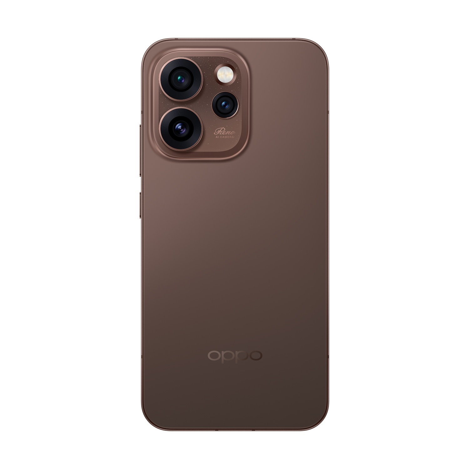 Smartphone marrone con tre fotocamere e logo OPPO sul retro.
