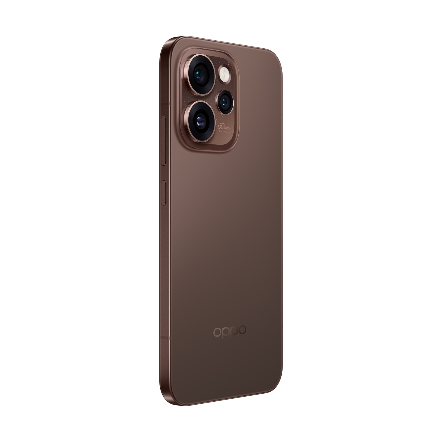 Uno smartphone marrone con tre obiettivi e il logo Oppo.