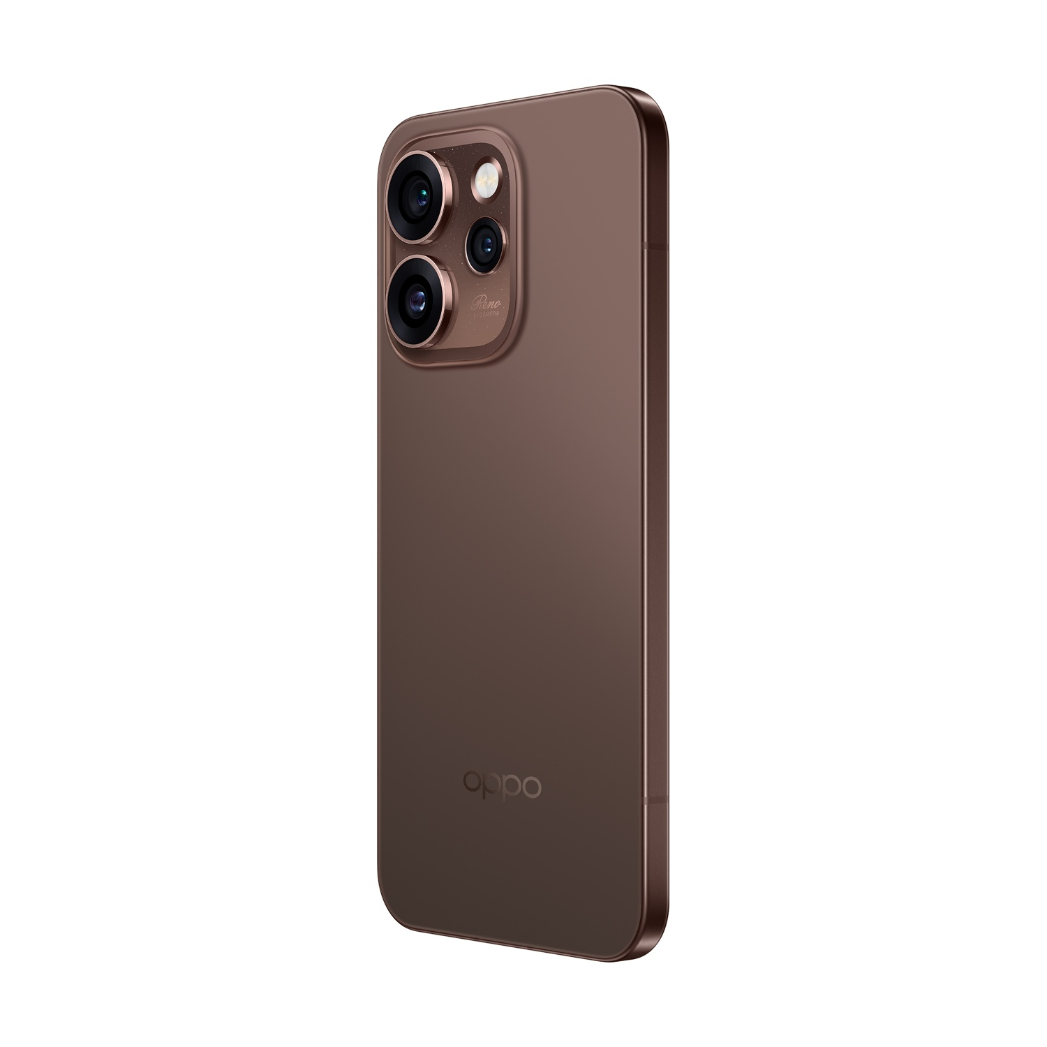 Smartphone marrone con tre obiettivi posteriori e logo Oppo.