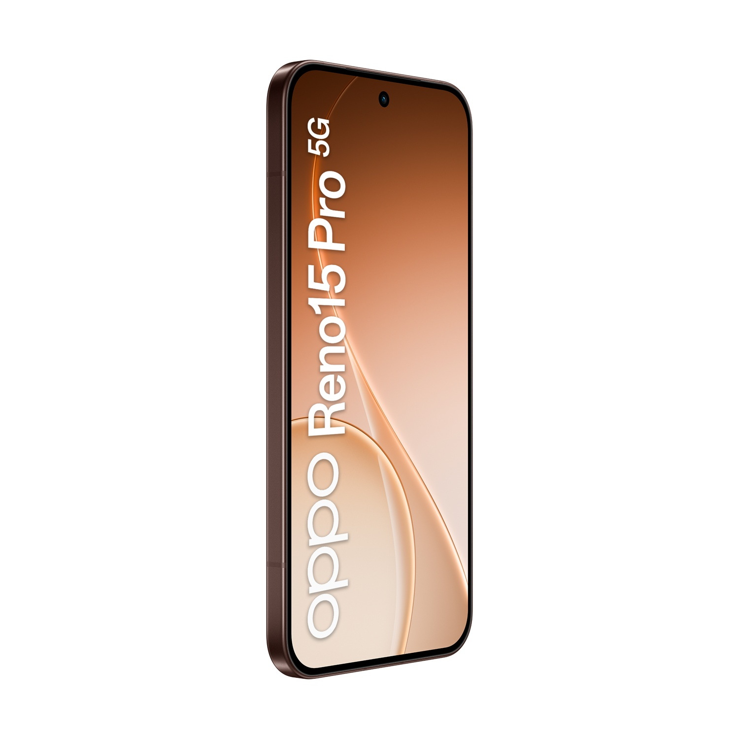 Uno smartphone Oppo Reno15 Pro 5G marrone con modulo fotocamera in alto.