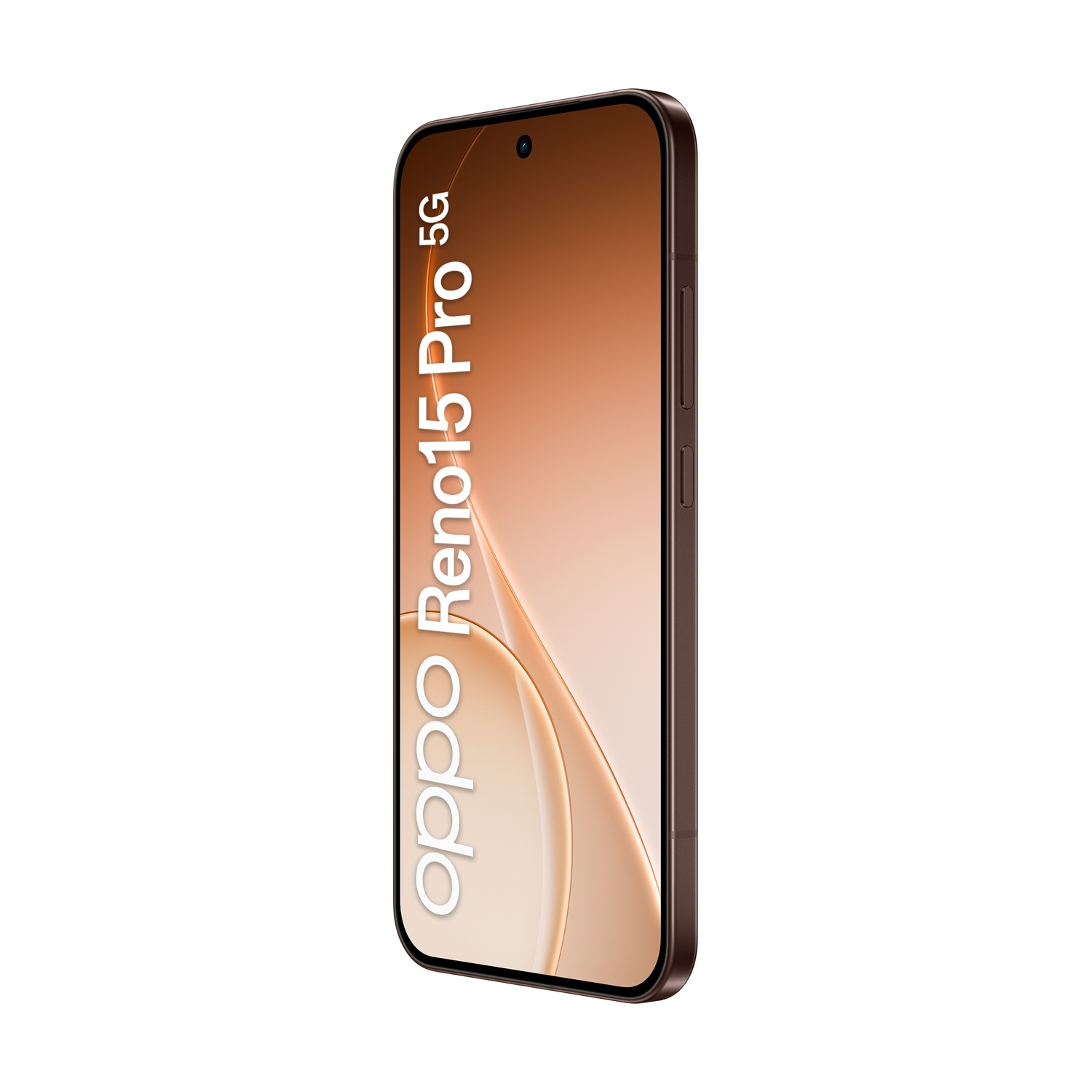 Uno smartphone Oppo Reno15 Pro 5G marrone con una sottile sfumatura sullo schermo.