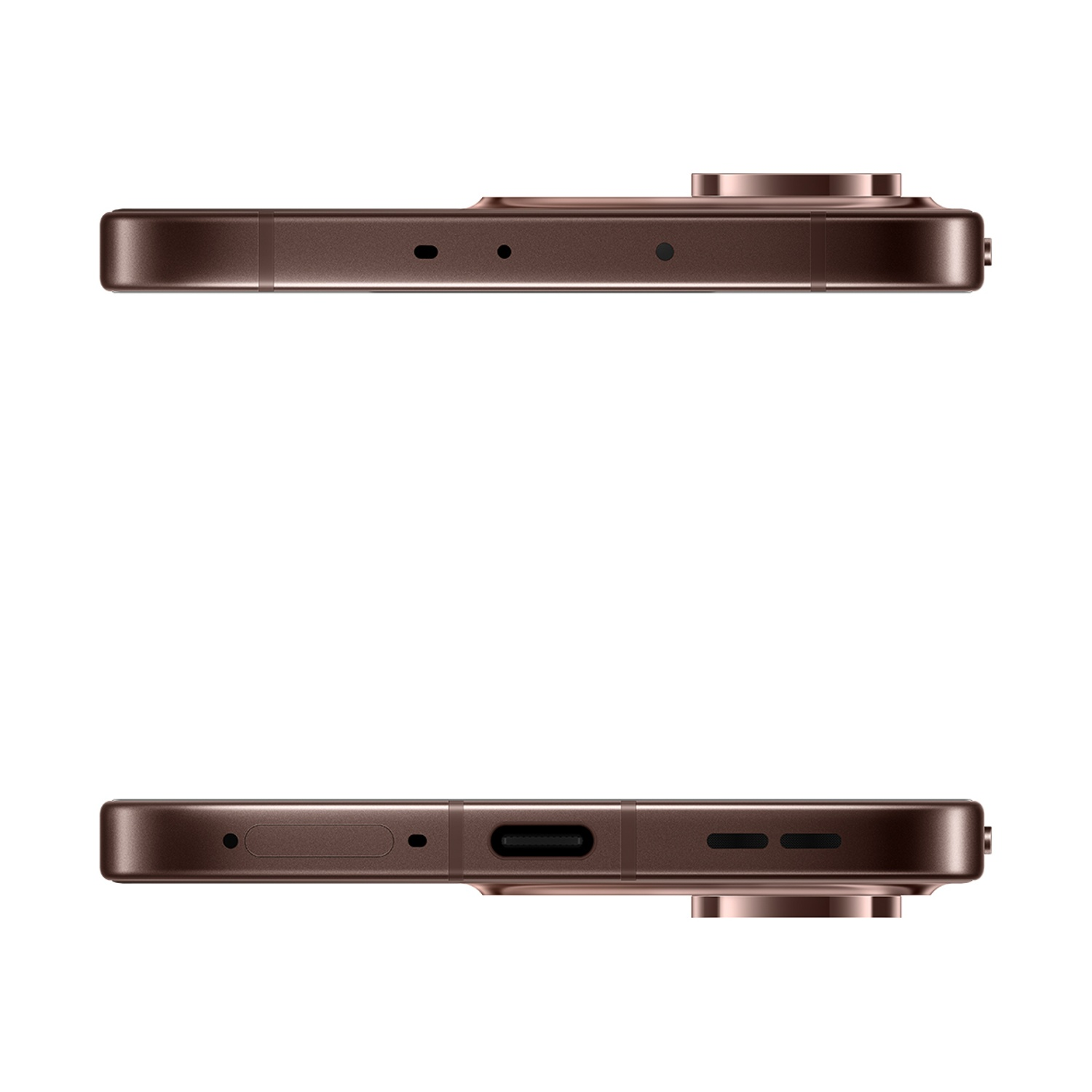 Viste superiore e inferiore di uno smartphone marrone con fotocamera e porta di ricarica.