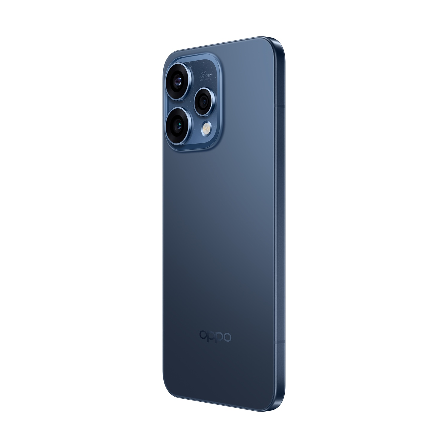 Smartphone blu scuro con tre fotocamere posteriori e logo Oppo.