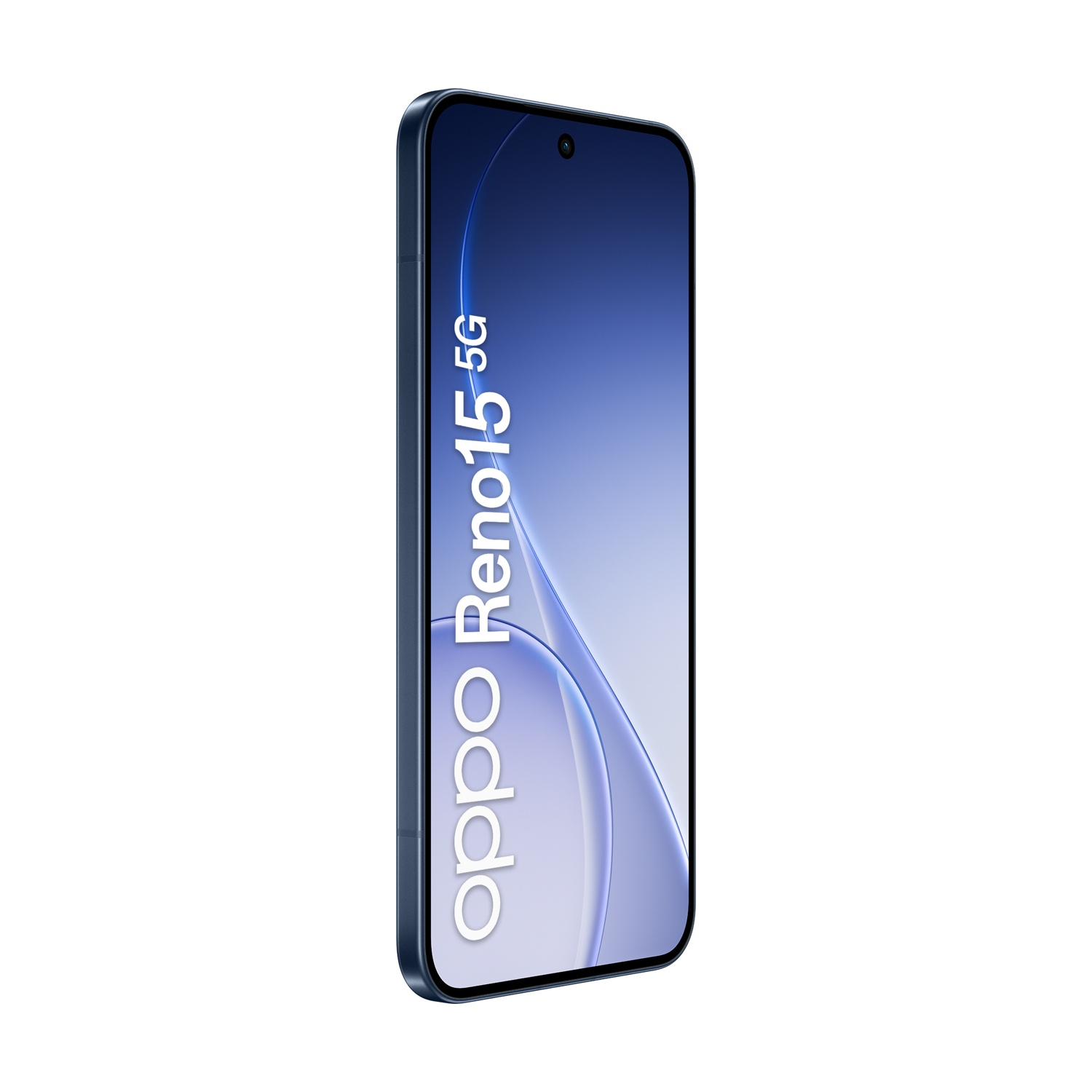 Uno smartphone Oppo Reno 15 5G blu scuro con sfondo stilizzato.