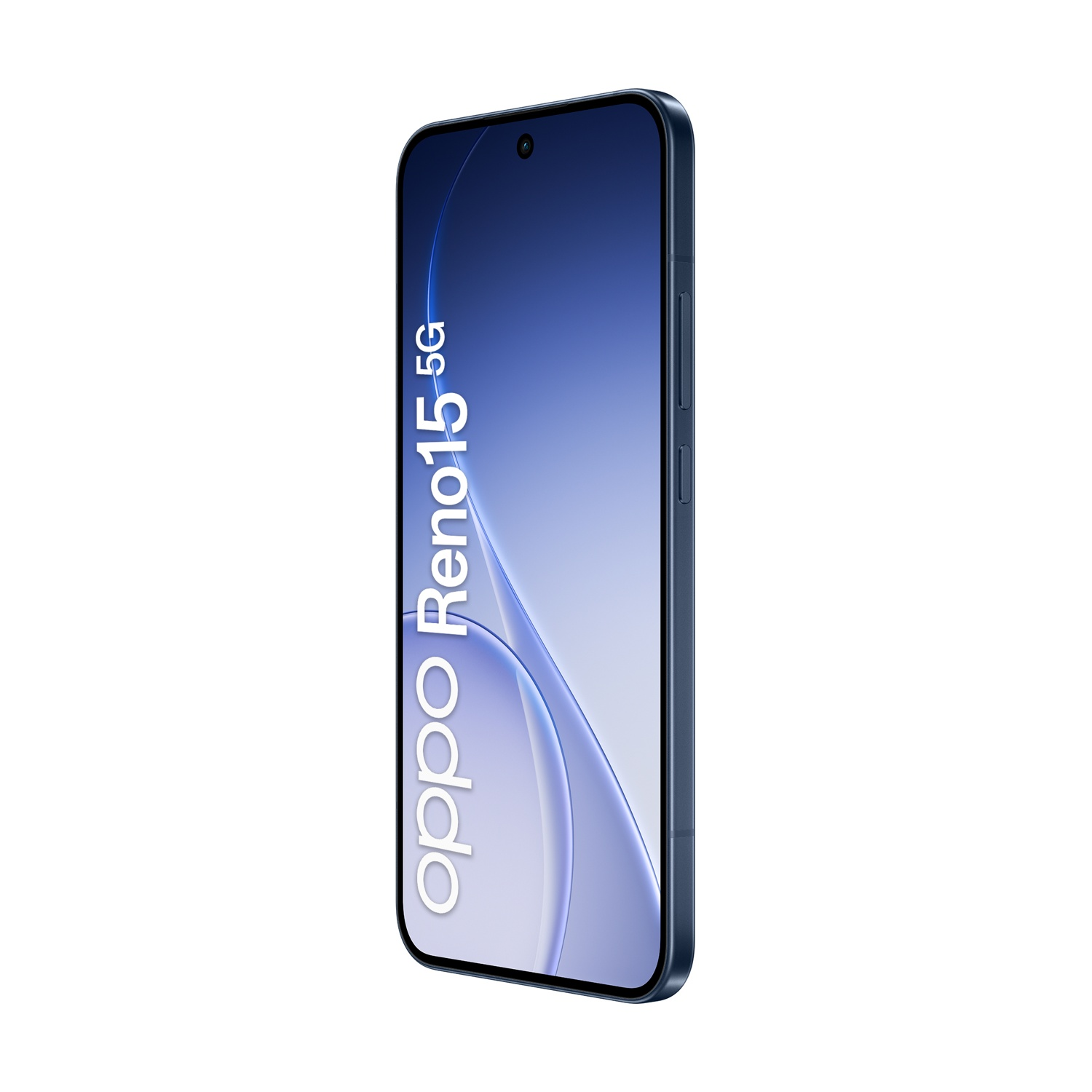 Smartphone Oppo Reno15 5G blu scuro con sfondo a onde blu.