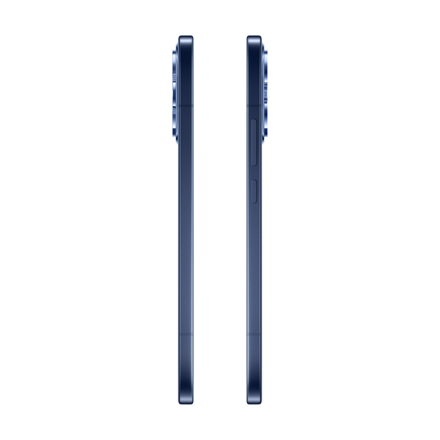 Due smartphone blu scuro uno accanto all'altro, visti di lato.
