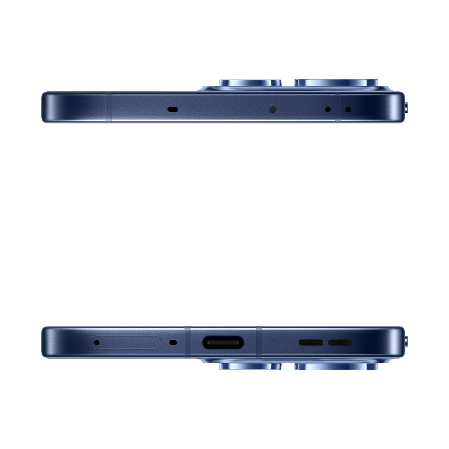 Viste superiore e inferiore di smartphone blu scuro con fotocamere e porte.