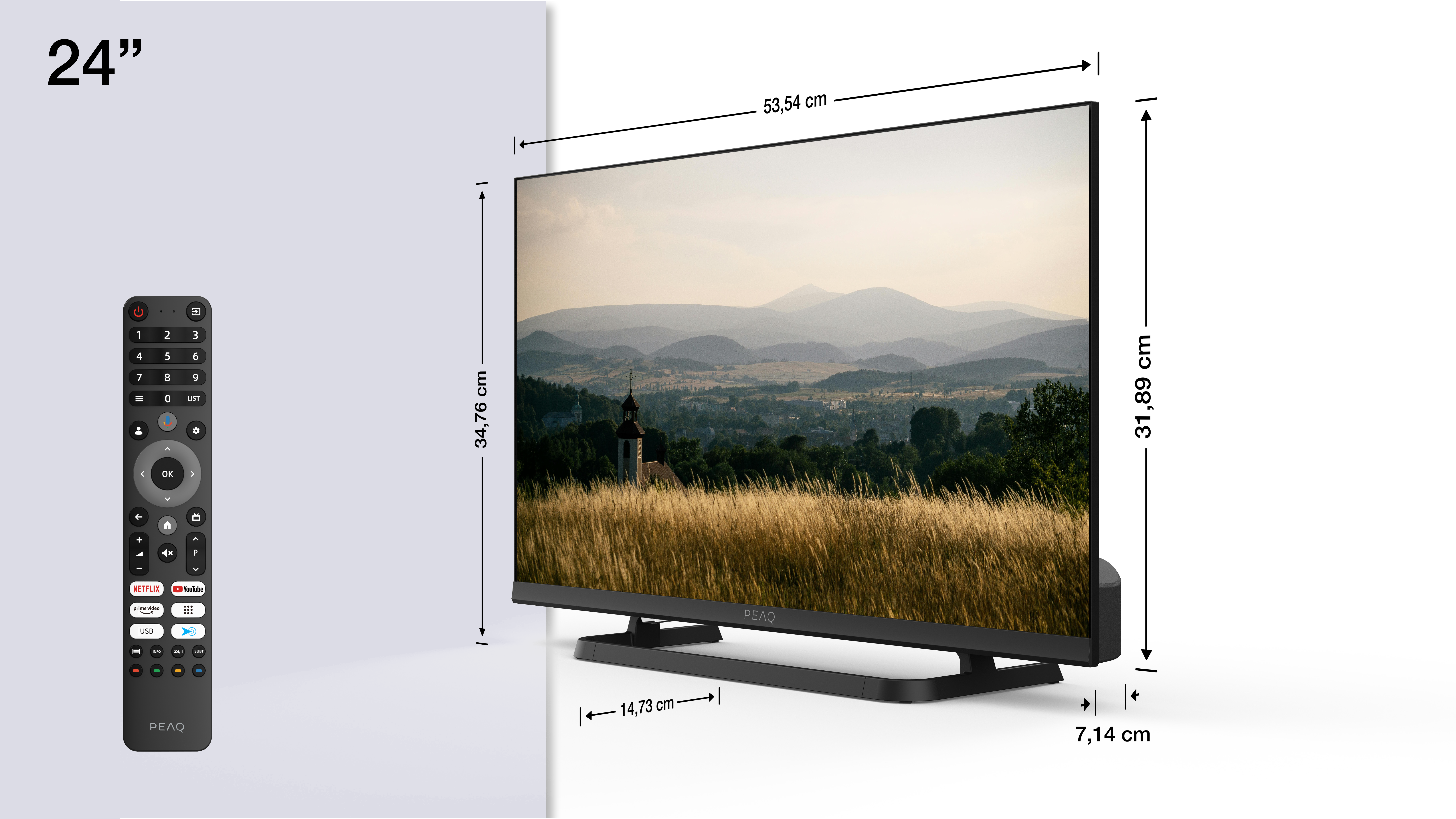 24-Zoll-Fernseher mit Fernbedienung und Maßangaben.