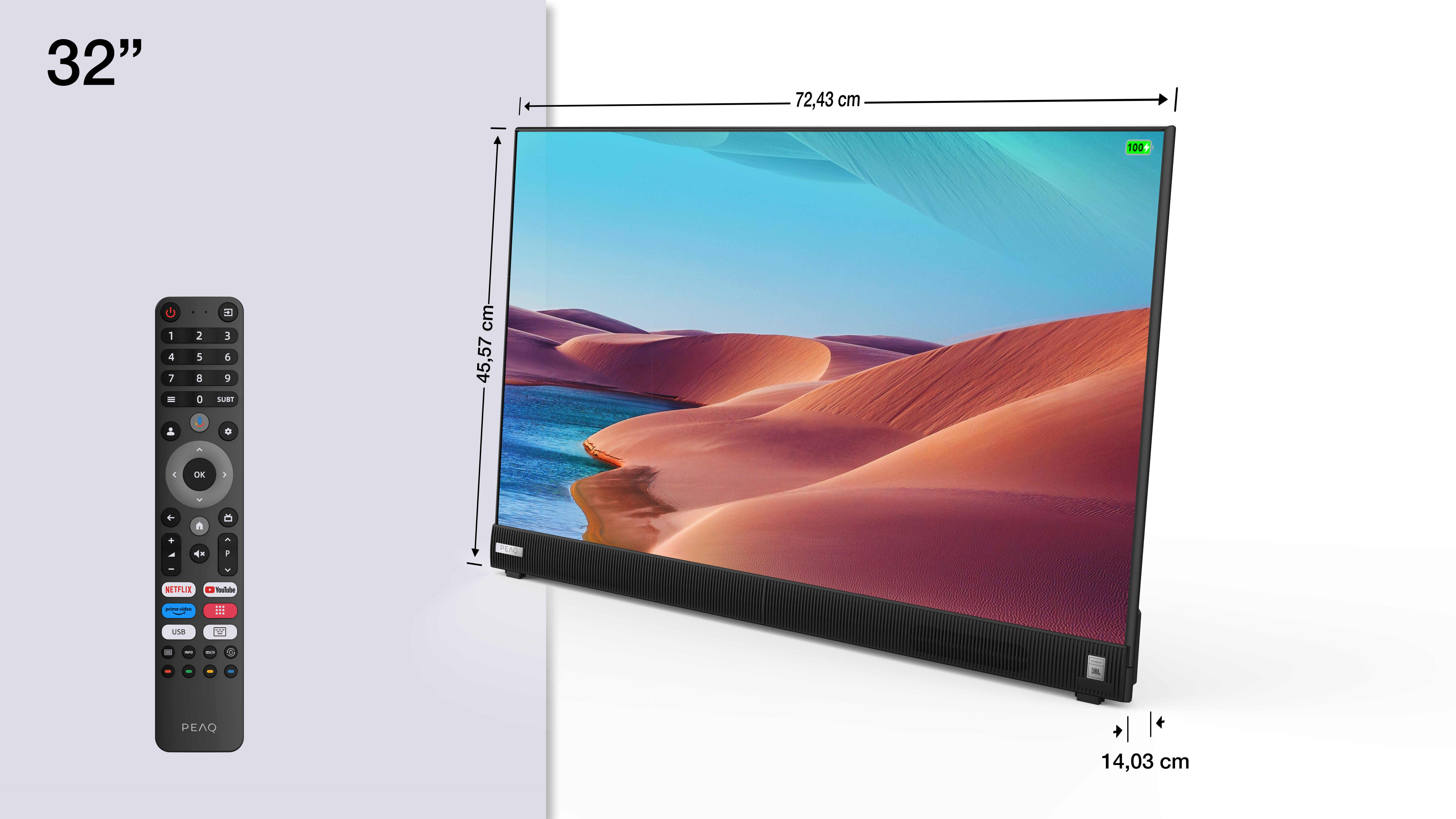 Ein 32-Zoll-Fernseher mit Fernbedienung. Maße: 72,43x45,57x14,03 cm.