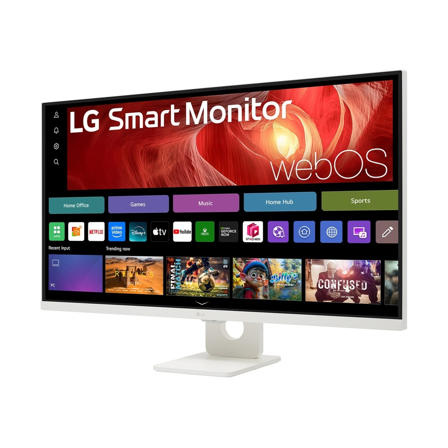 Un monitor LG Smart bianco che mostra l'interfaccia WebOS con icone app.