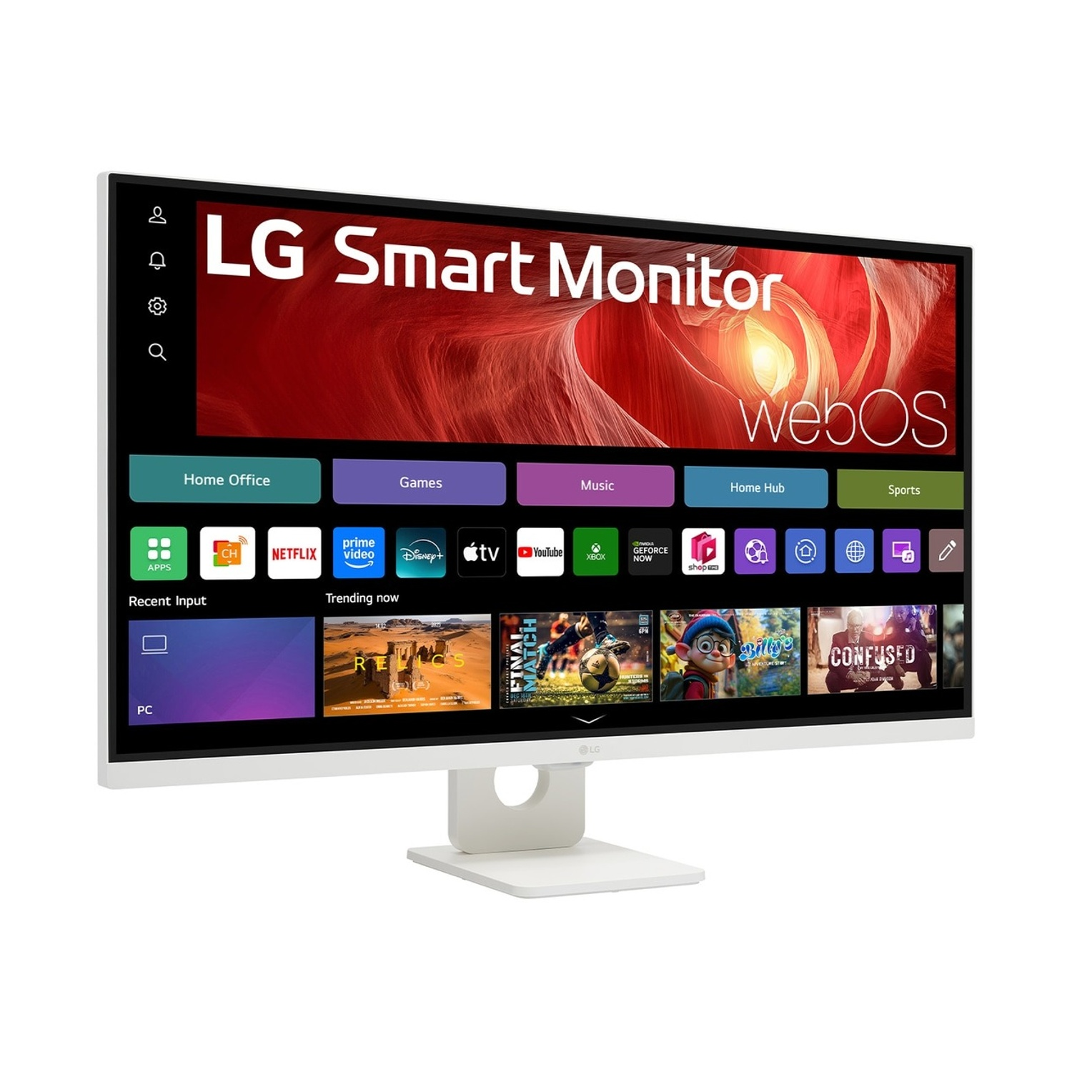 Un monitor LG Smart bianco che mostra l'interfaccia WebOS con icone di app.