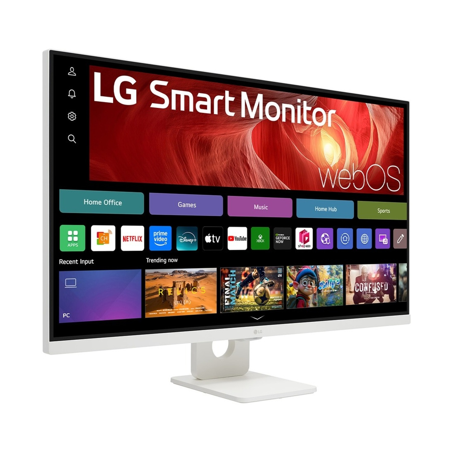 Un monitor LG Smart bianco che mostra l'interfaccia WebOS con selezione app.