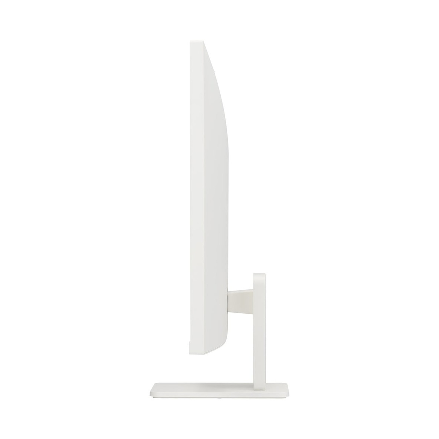 Vista laterale di un monitor di computer bianco su sfondo bianco con il suo supporto.