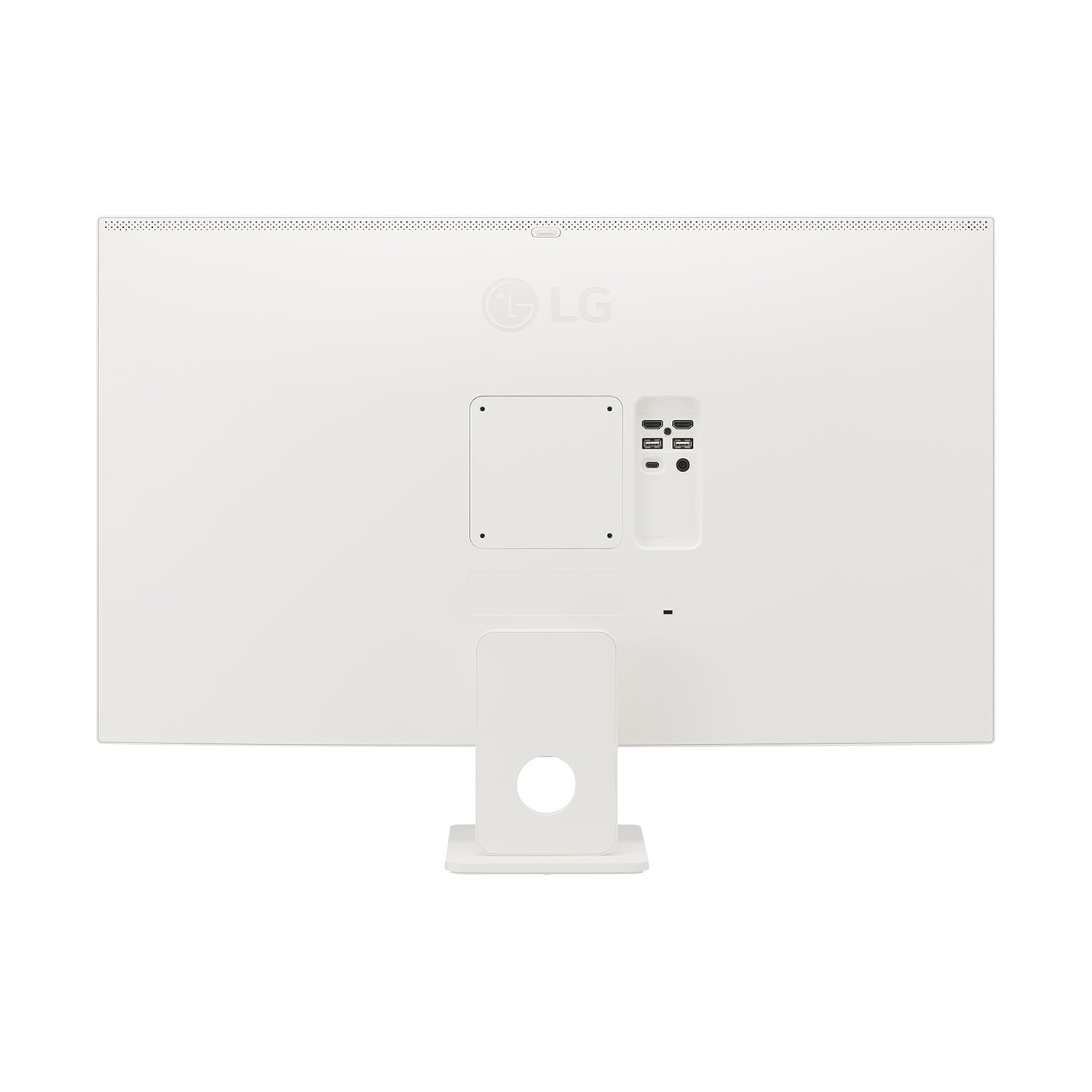 Retro di un monitor LG bianco con porte e supporto.