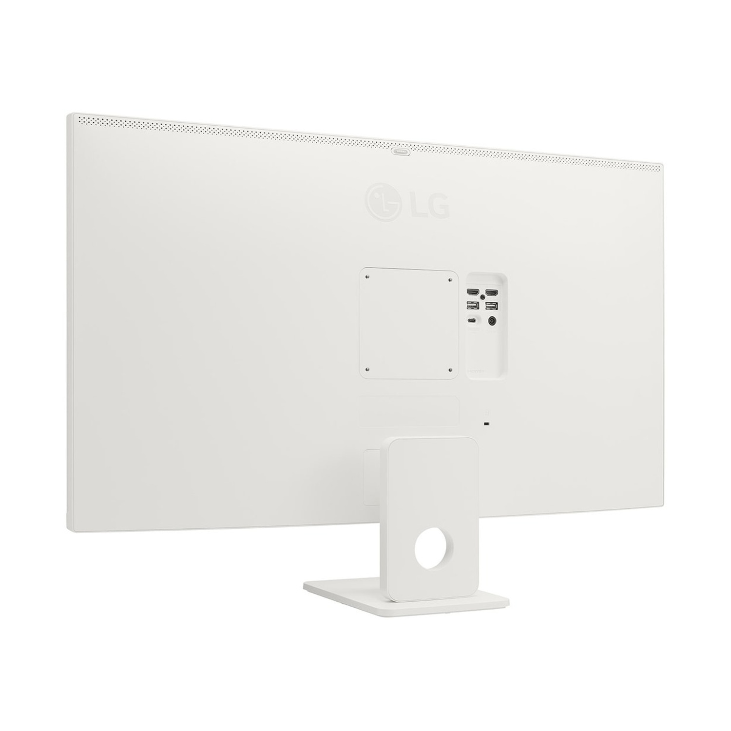 Vista posteriore di un monitor LG bianco con porte e supporto.
