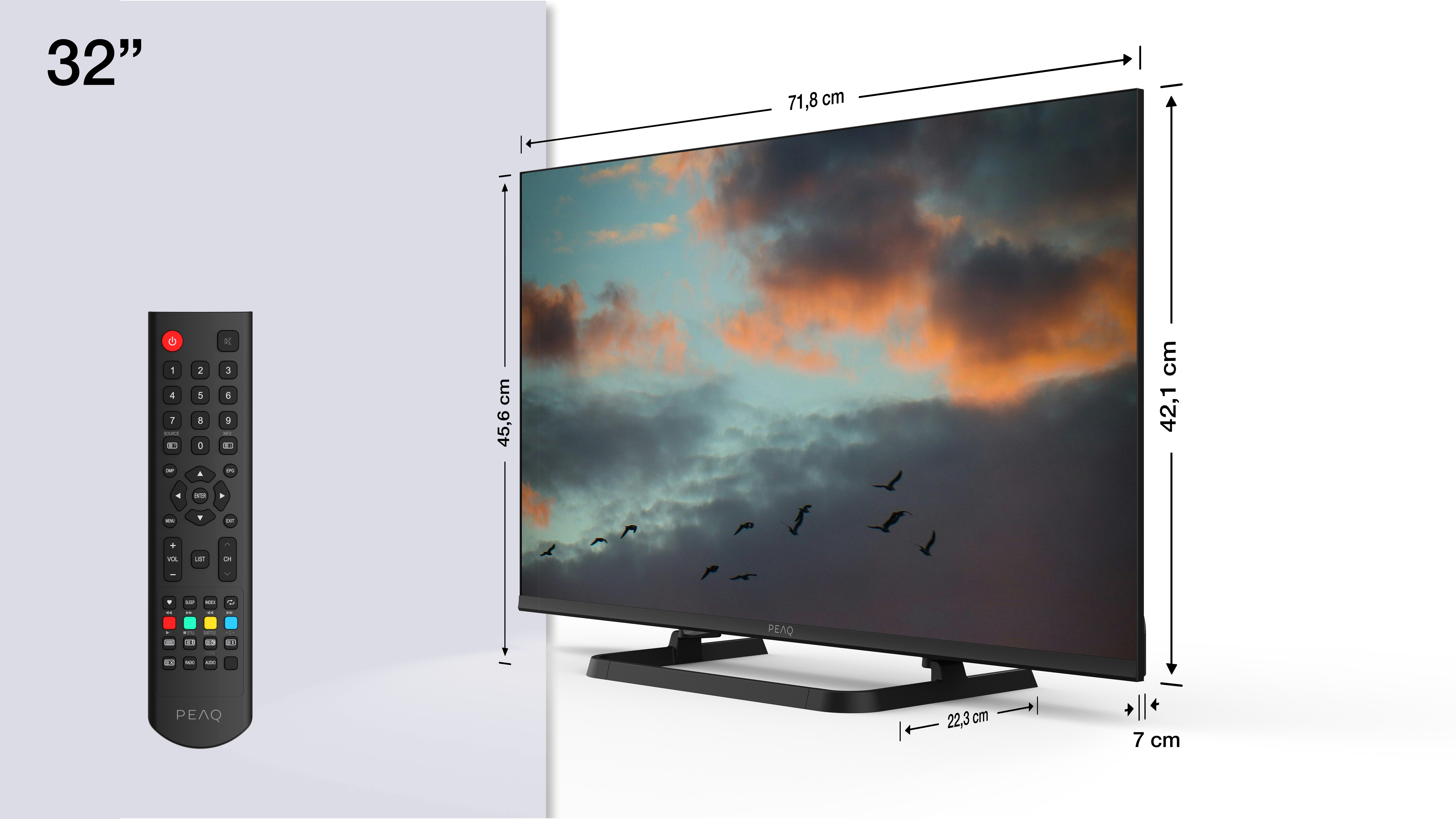 Ein 32-Zoll-Fernseher mit Fernbedienung und Maßen.
