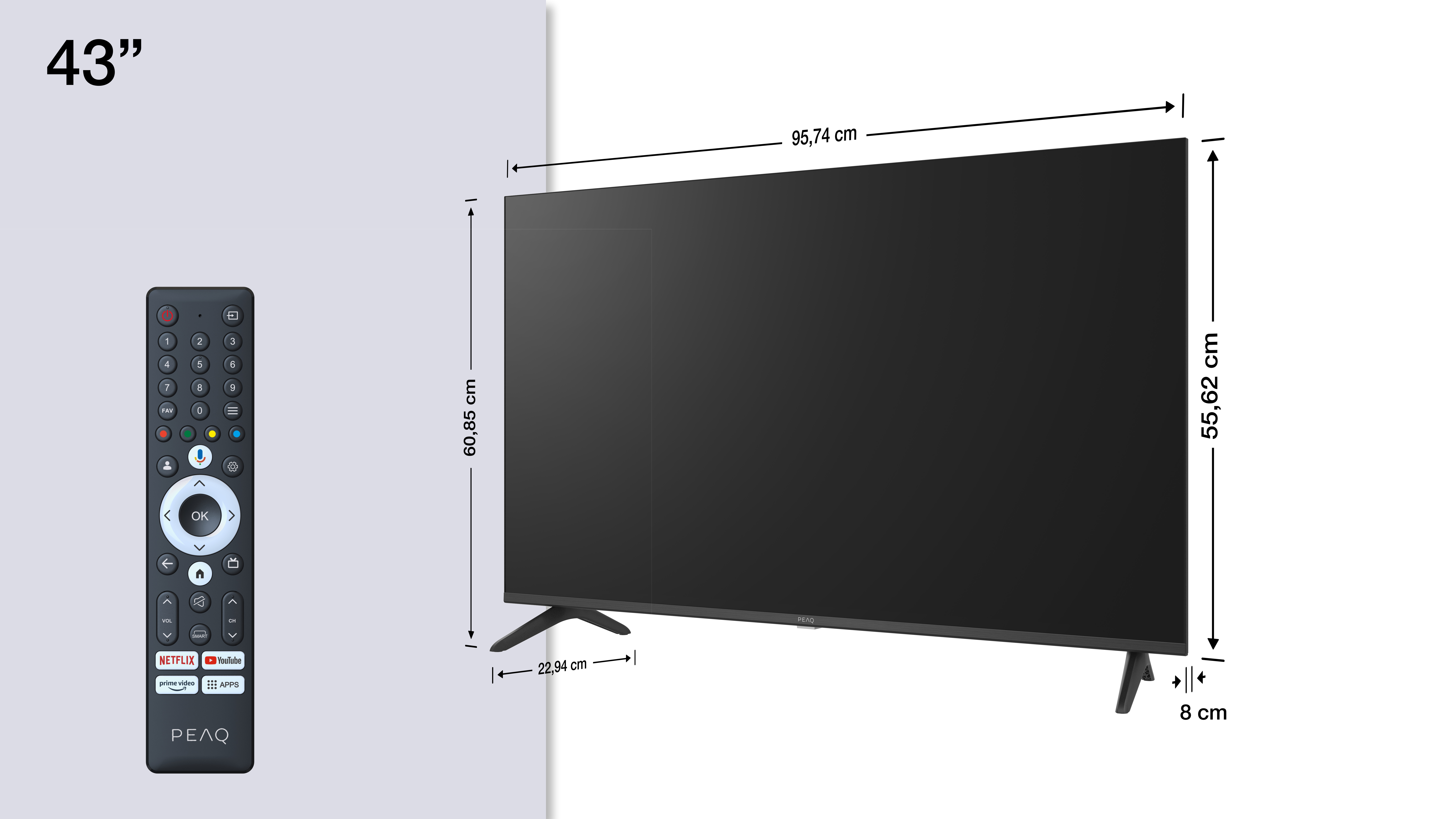43-Zoll-Fernseher mit Fernbedienung und Maßen.