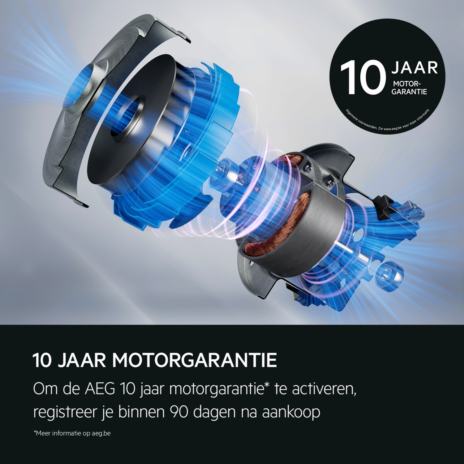 Exploded view of a motor with blue airflow and 10 year warranty.