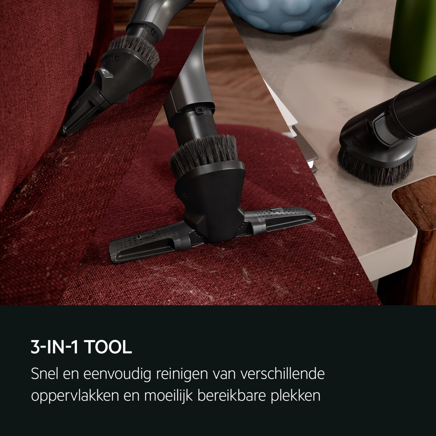 A 3-in-1 tool cleans carpets, floors, and tight spaces.