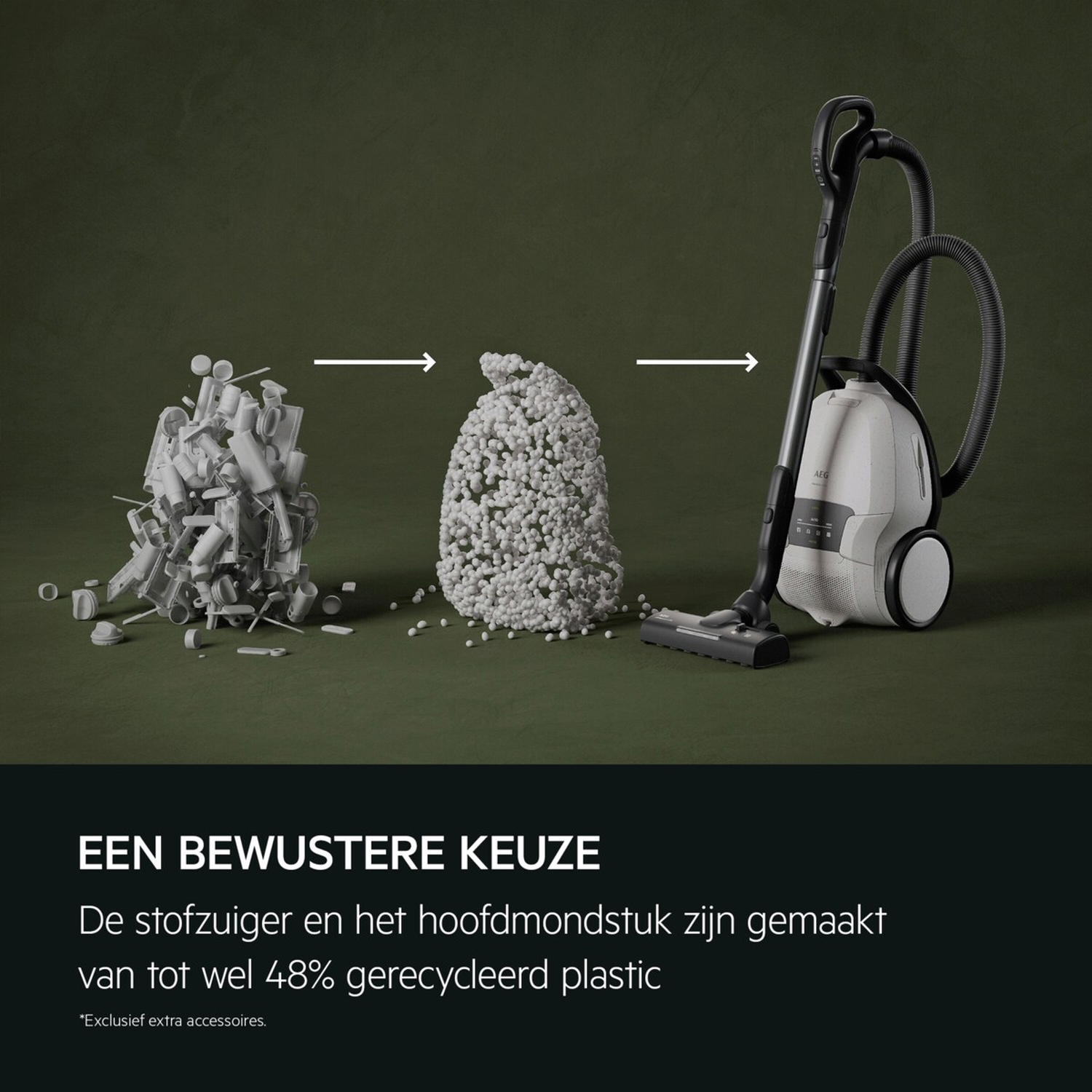 A vacuum cleaner made from 48% recycled plastic, from waste to product.