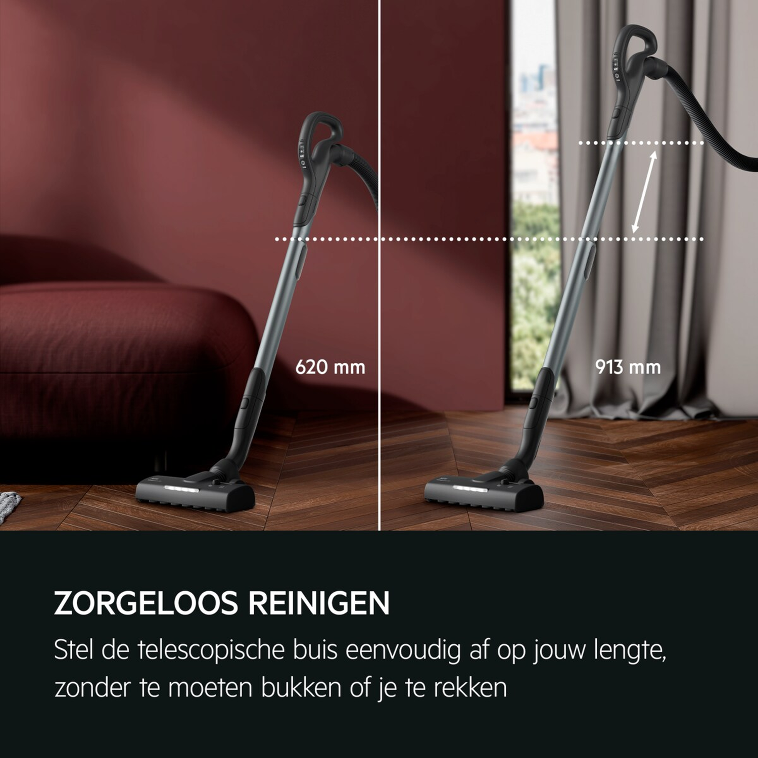 Images show a vacuum cleaner at 620 mm and 913 mm height.