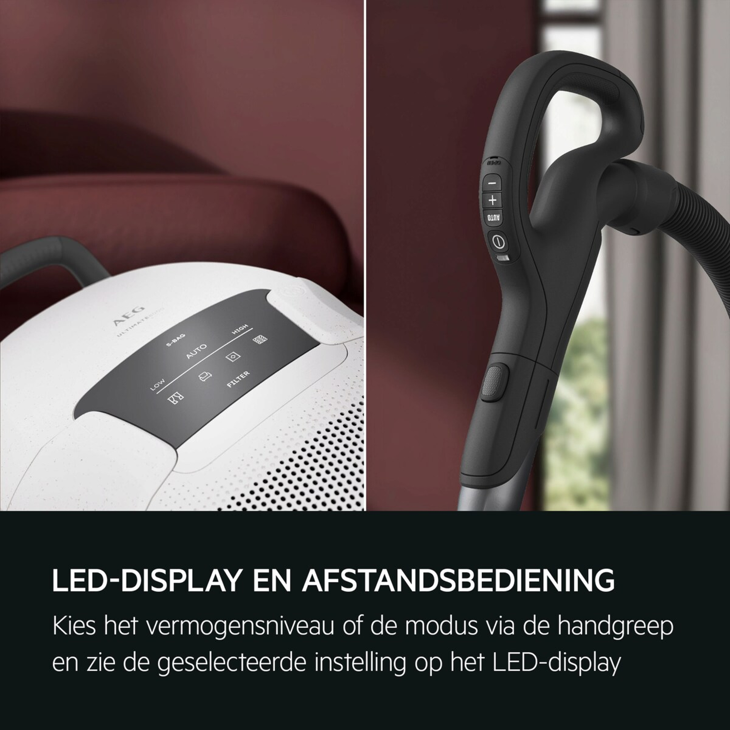 Close-up of a white vacuum cleaner part with LED display and a black handle with controls.