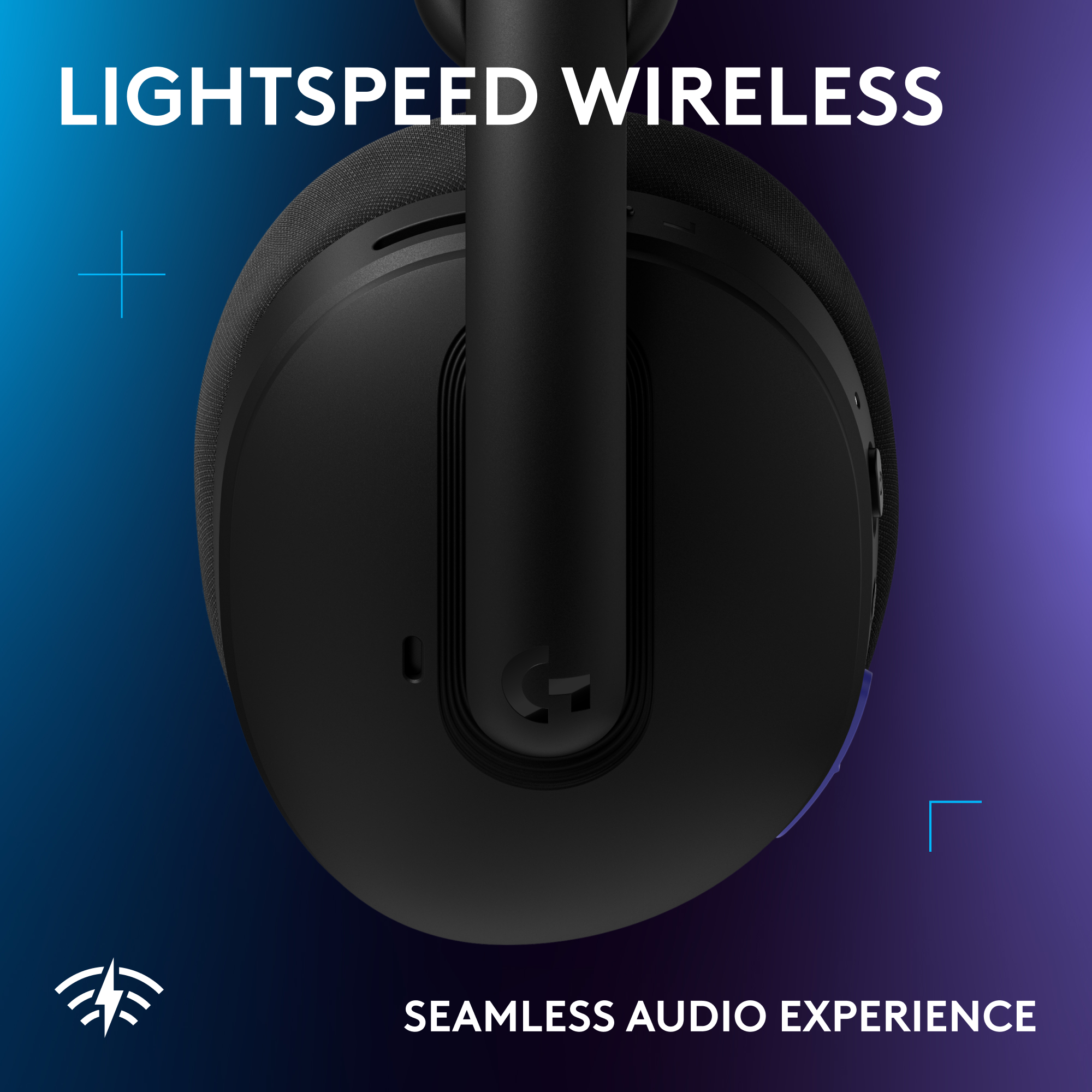 Cuffie nere con logo Logitech, accenti blu. Tecnologia wireless.