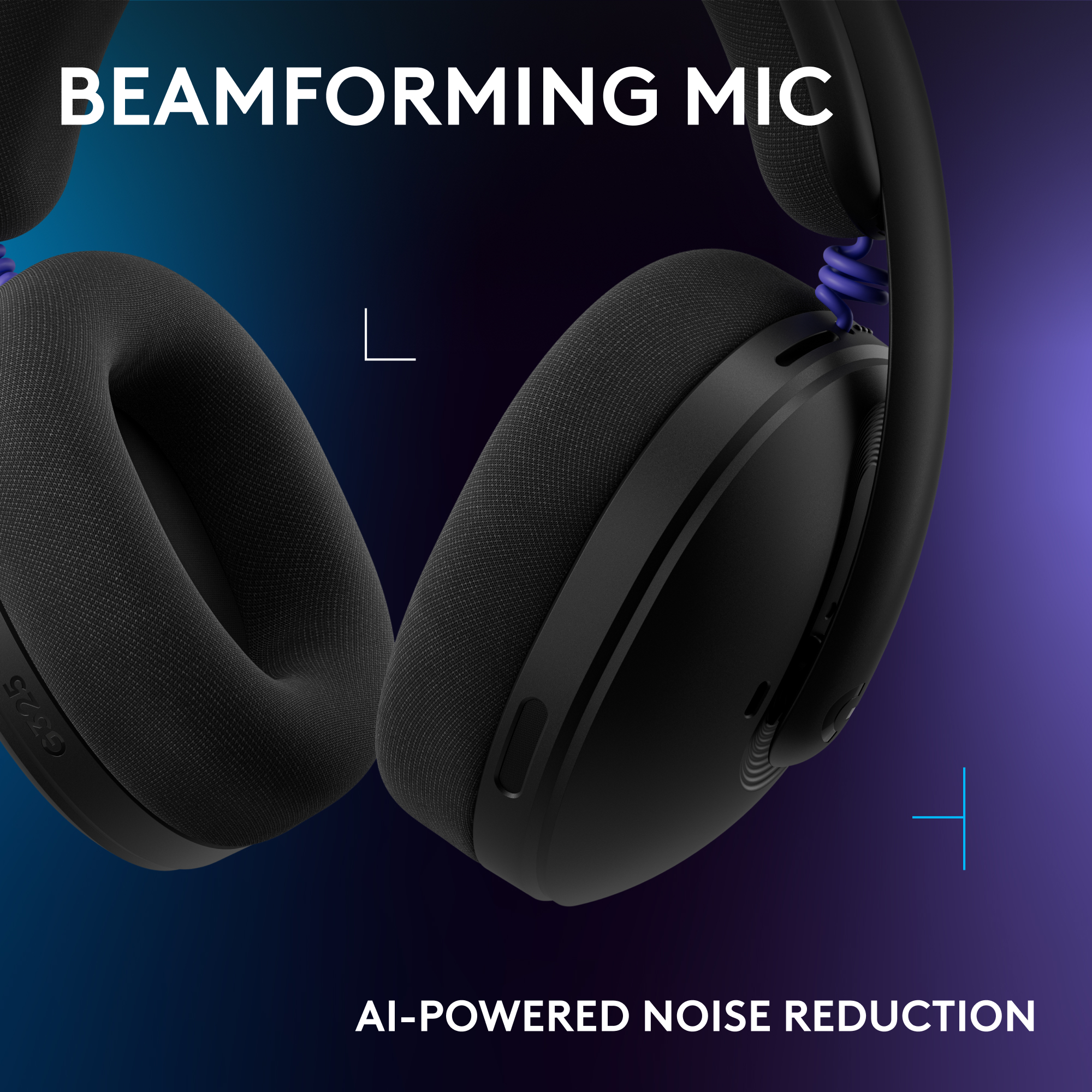 Cuffie nere con cavo blu e testo: BEAMFORMING MIC