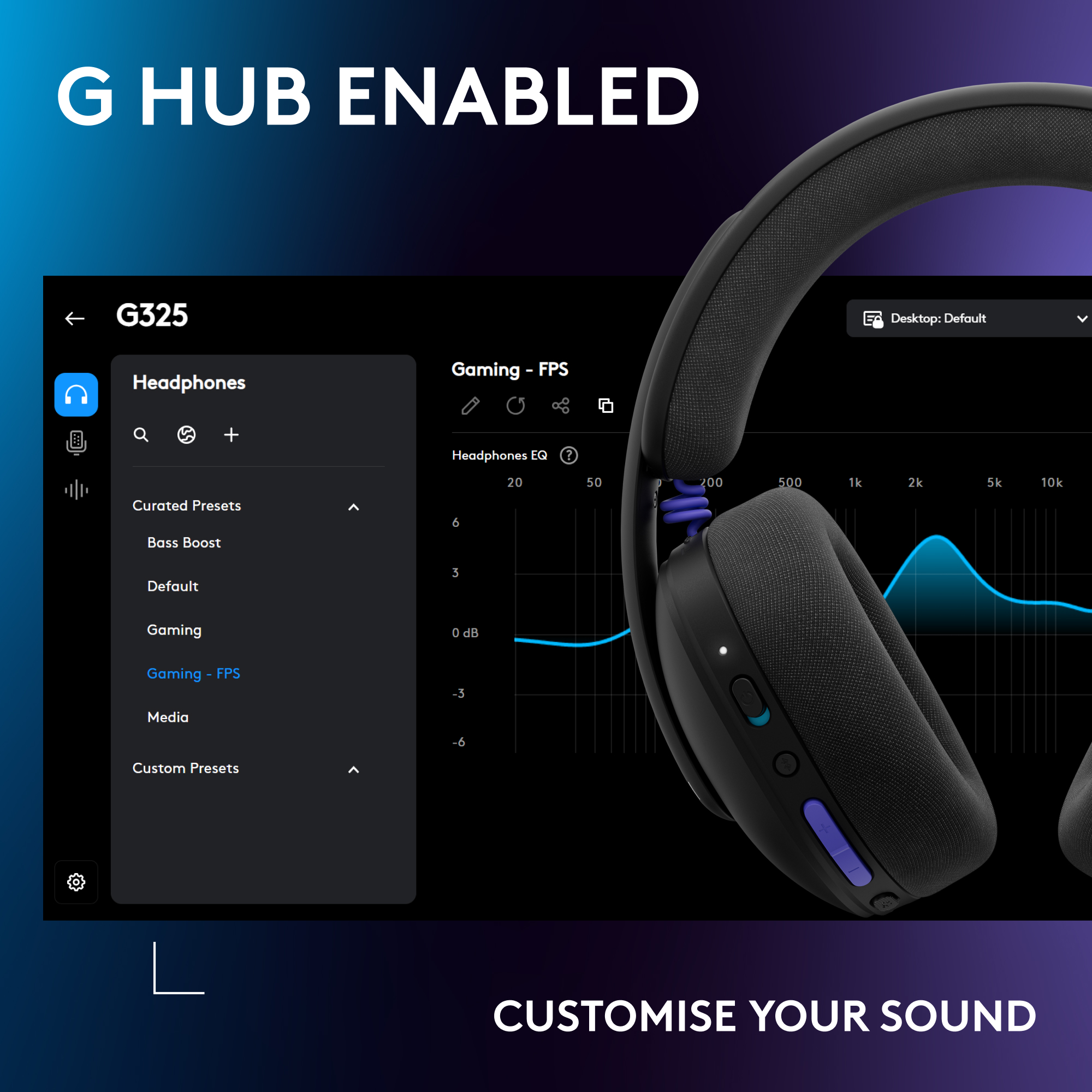 Logitech G HUB: Impostazioni cuffie G325 con grafico EQ e opzioni.